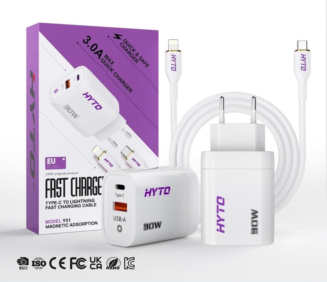 Revinta Ladegerät Power Adapter 30 Watt 1x USB-A 1x USB-C mit iPhone Kabel Schnelllade-Gerät