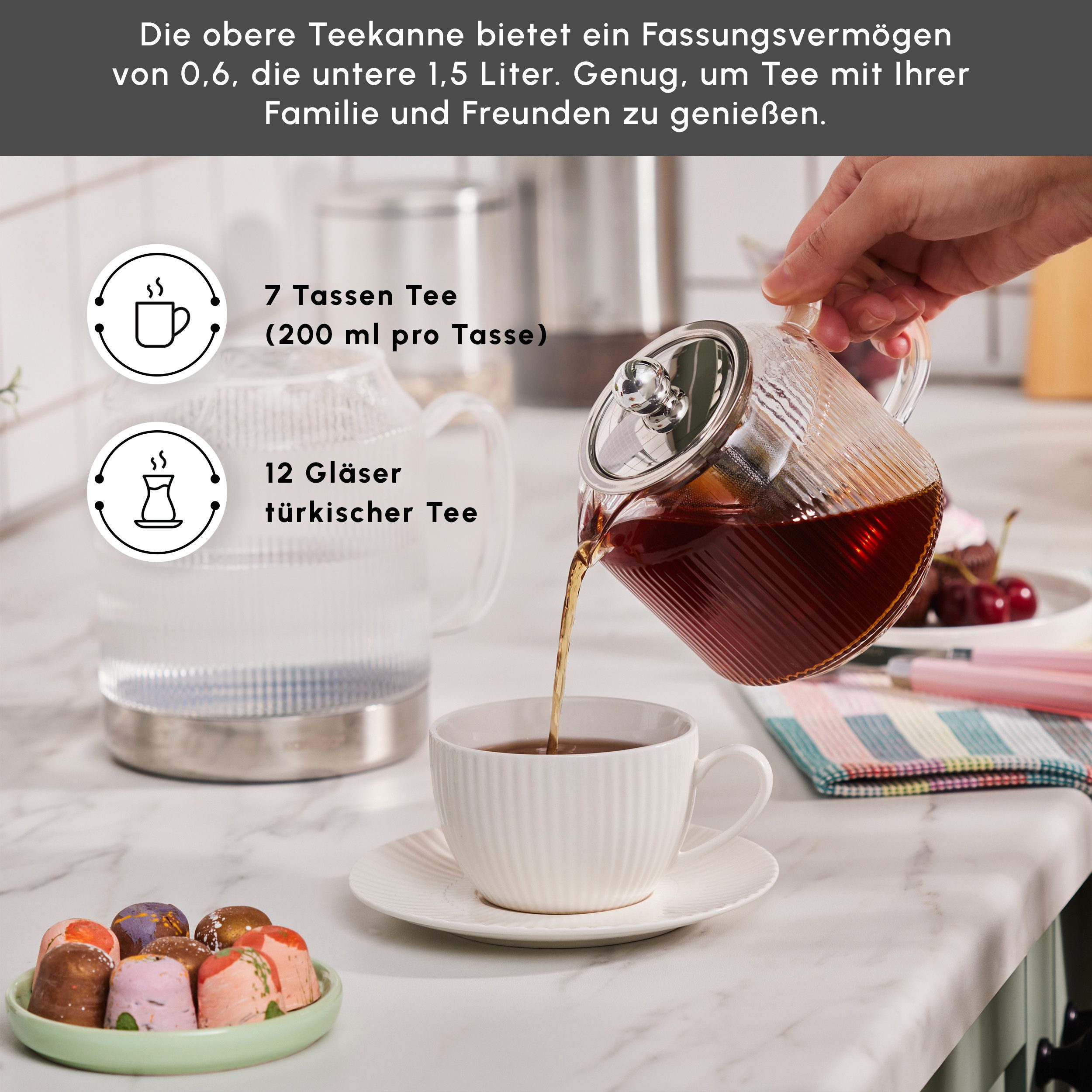 Karaca Teekanne Karaca Kelly Induktions-Glas-Teekannen-Set, 2.1L, Hitzebeständig, 2.1 l