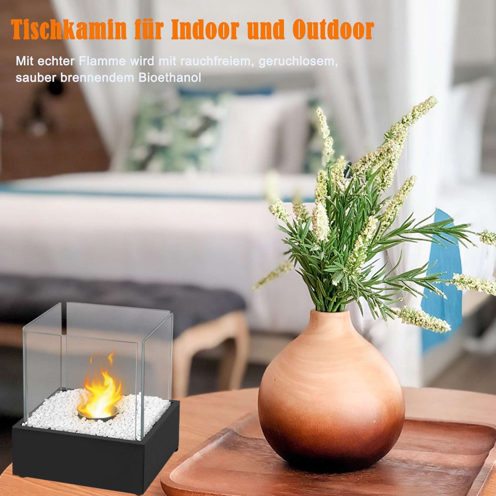 FIVMEN Tischfeuer Ethanol Tischkamin Indoor Outdoor Eckig/Rund Kamin Tischfeuerstelle (inkl Natursteinen, Unendliche Brenndauer, Balkon Deko Garten) – Bild 5 von 5