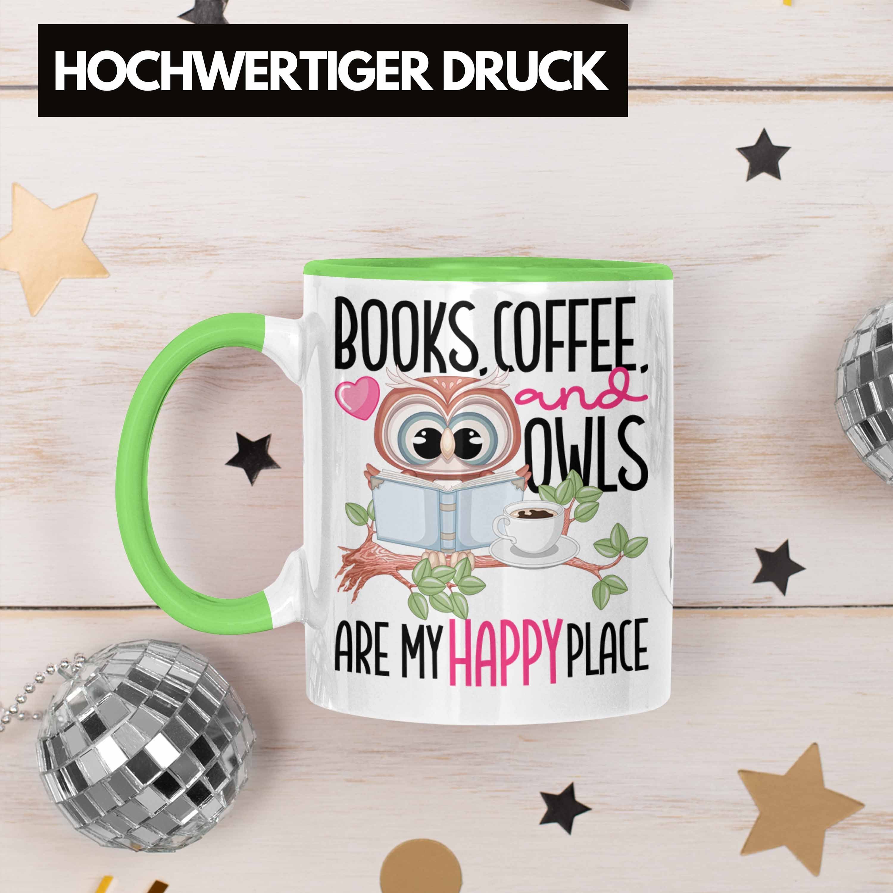 Trendation Tasse Bücher Geschenk Happy Leseratte Bücher Tasse Grün Eulen Lesen Place Kaffee
