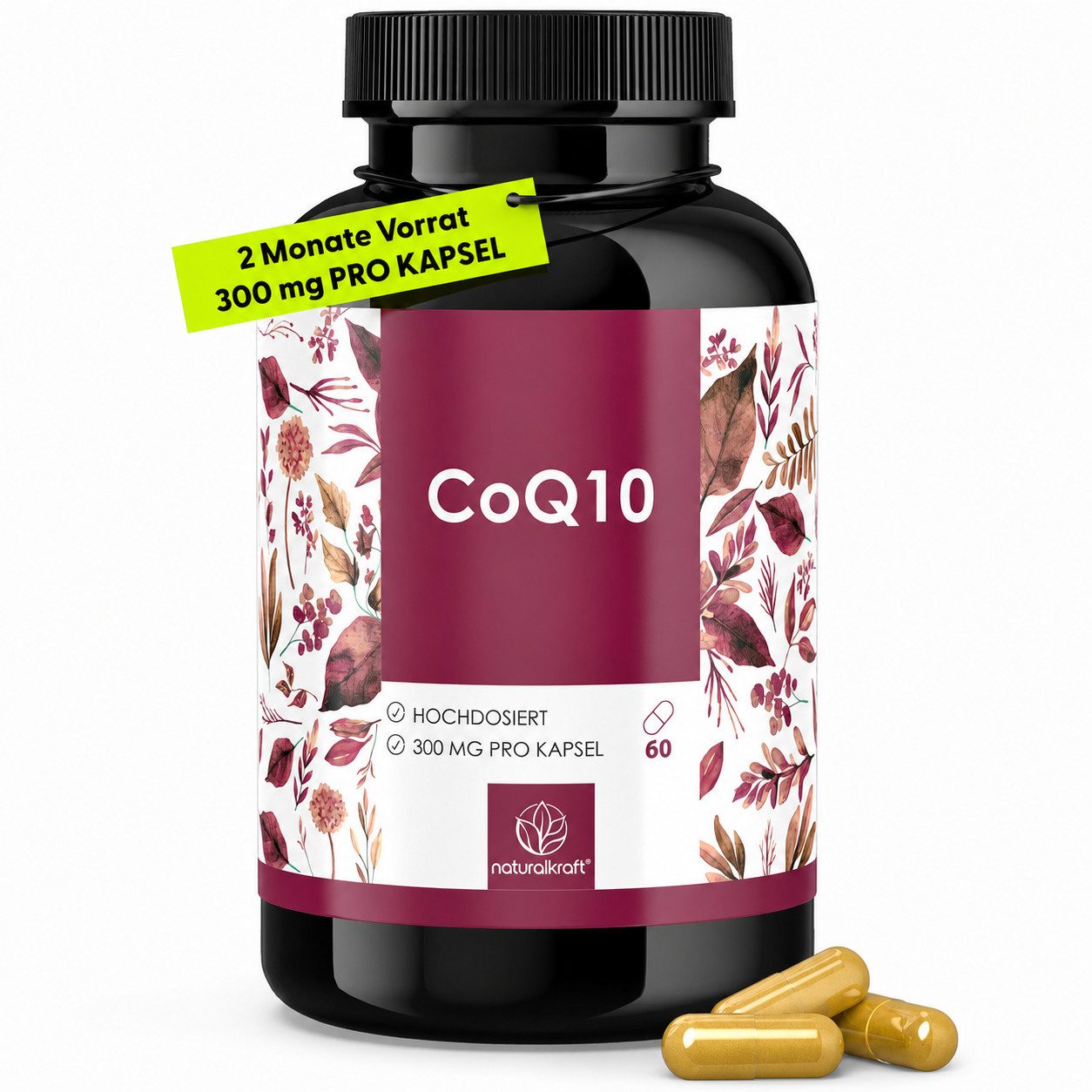 Naturalkraft CoQ10 300 mg – 60 vegane Kapseln, hochdosiert, Premium Qualität Kapseln, 36 g