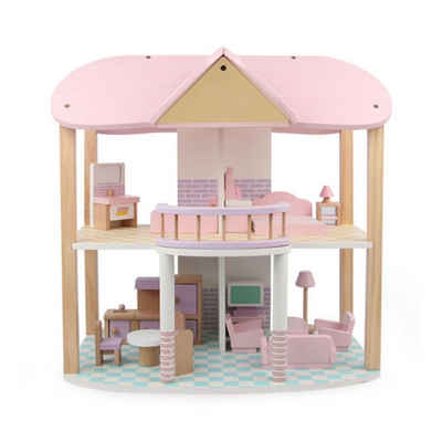 Coemo Puppenhaus, (möbliertes Puppenhaus Holz, 24-tlg), Puppenhaus Puppenstube aus Holz, komplett mit Möbel und Zubehör