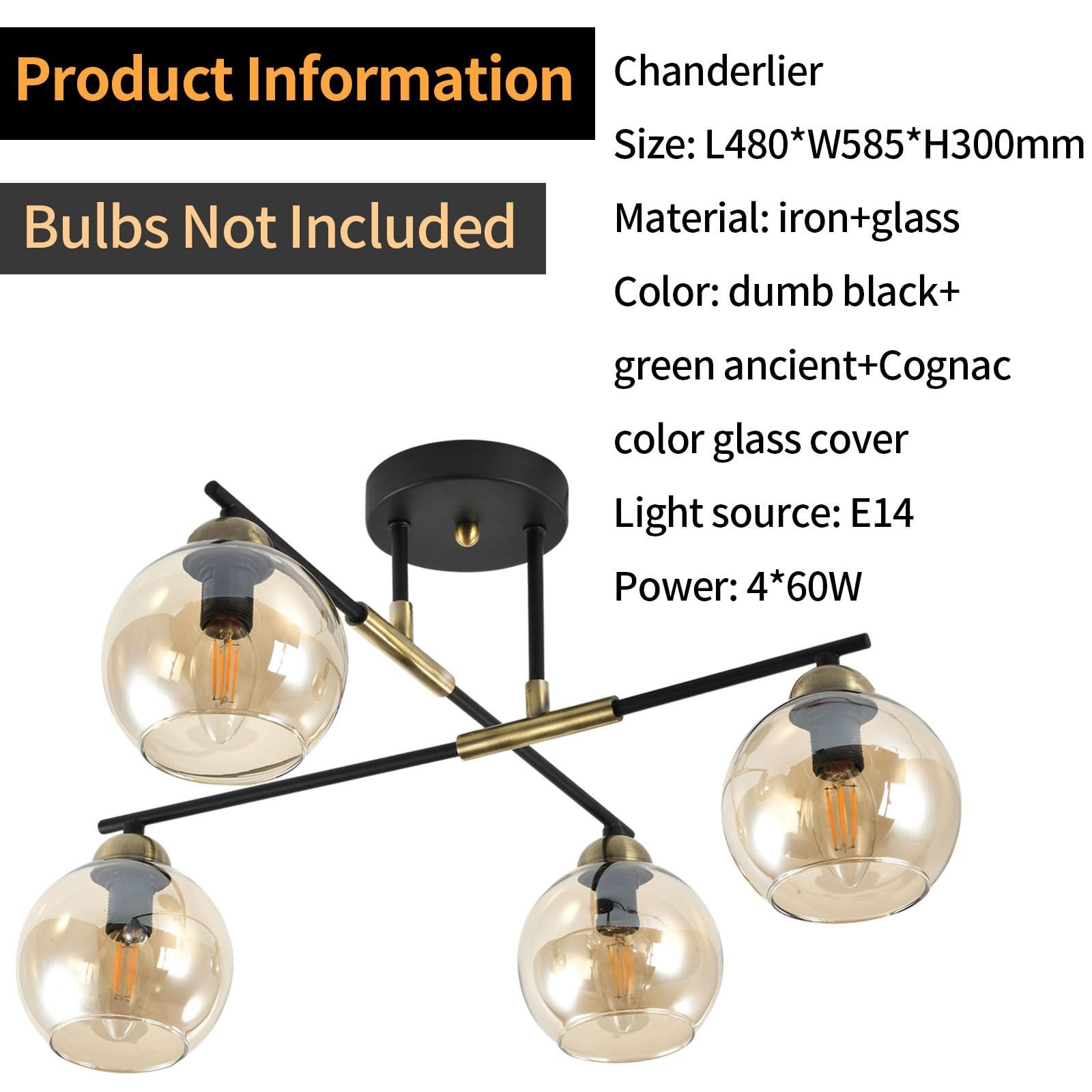 LQWELL Kronleuchter Modern Kugelglas Lampenschirm Chandelier E14 Schlafzimmerlampe, Keine Glühbirne, 4 Flammige, Minimalistische Industrie Pendellampe Vintage Hängelampe, Wohnraumbeleuchtung, für Wohnzimmer Schlafzimmer Küche