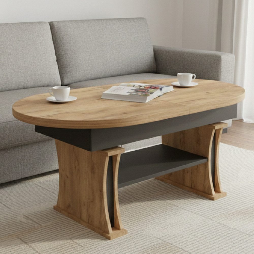 designimpex Couchtisch DA-130 oval ausziehbar höhenverstellbar mit Ablage Wohnzimmer Tisch, Funktionstisch, Wohnzimmertisch, Tisch, Esstisch, Sofatisch, Rollen
