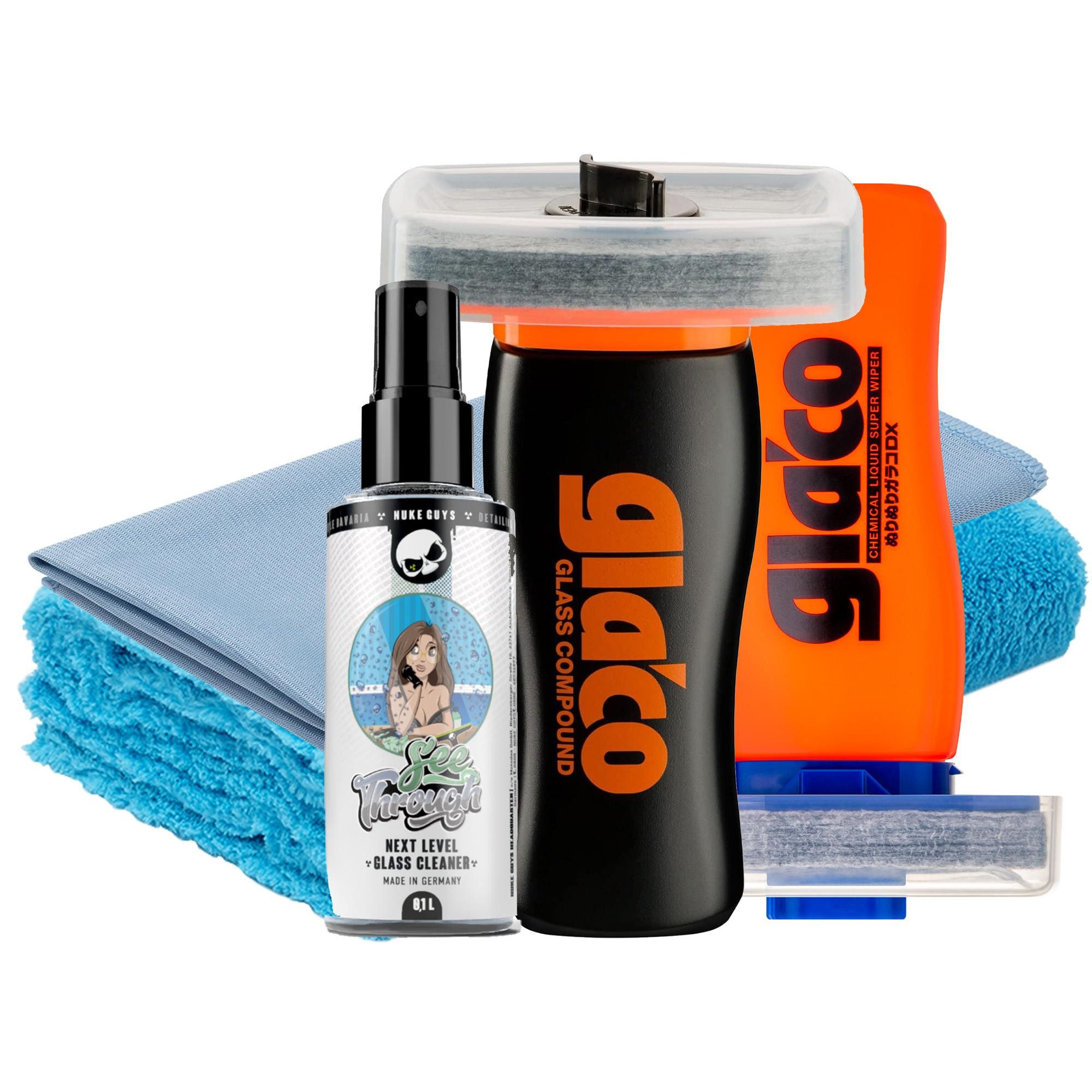 detailmate Scheibenversiegelung Auto Soft99 Glaco DX Glass Compound Roll On Glasreiniger (5-St. + Nuke Guys See Through Glas-Reiniger 100ml + Mikrofasertücher)