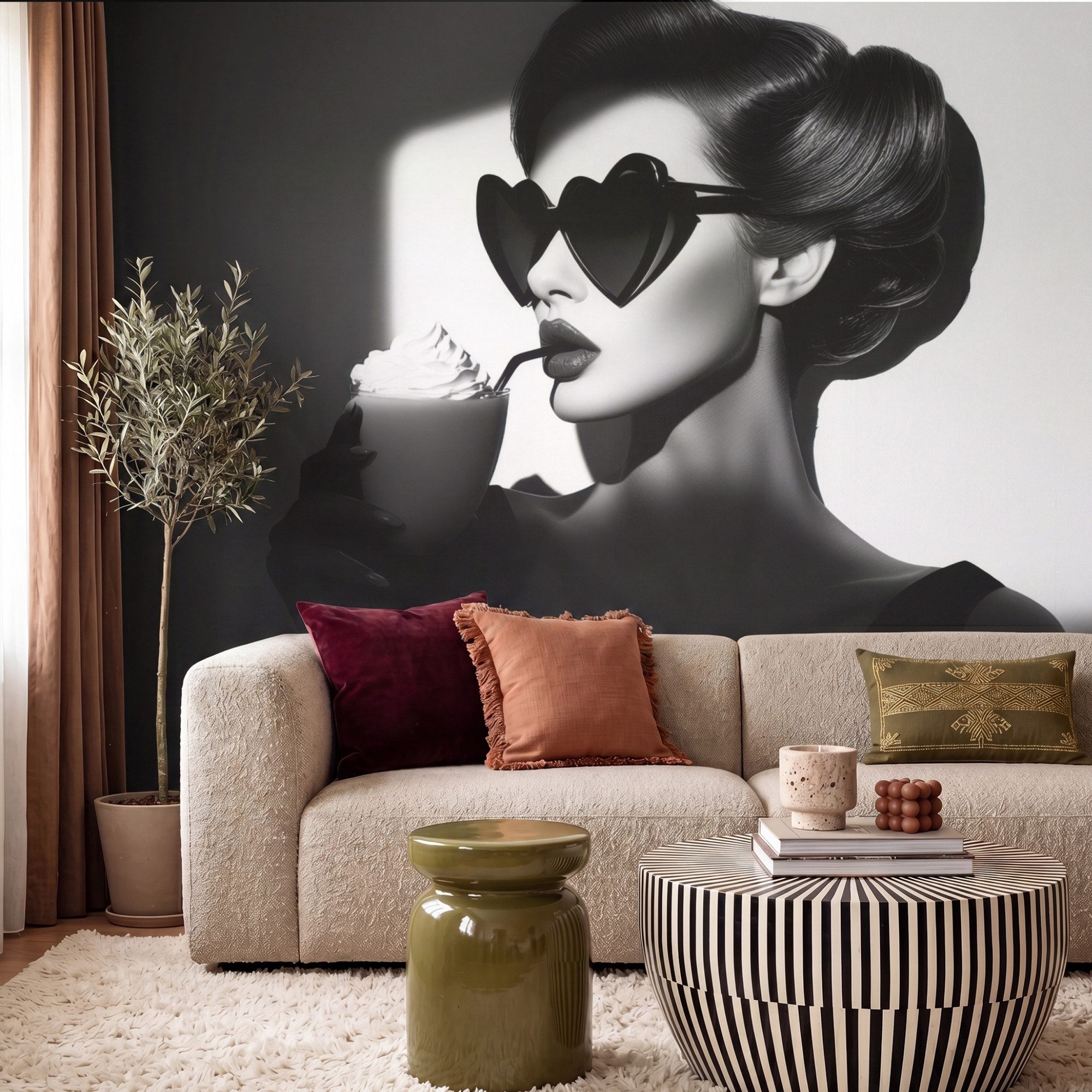 OnlyWow Fototapete Frau - Schwarz - Herz, Matt, bedruckt, Wanddekoration, Wandtapete, Schlafzimmer 260x220cm