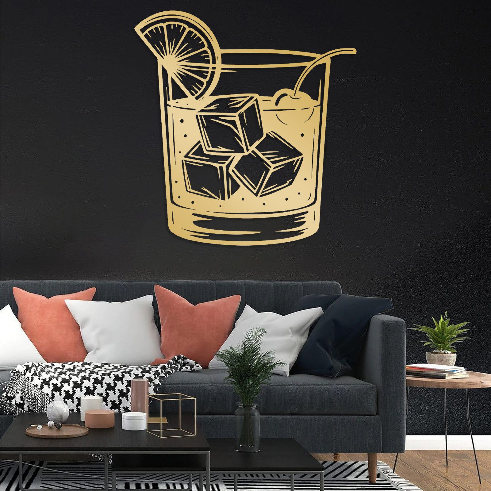 Jumpeak Wanddekoobjekt Wanddeko im Retro-Stil mit Weingläsern,3 Eiswürfel,Zitrone,Kirschen, Metall,4 Farben,2 Maße,Feine Perlage,Erfrischend,Linienkunst