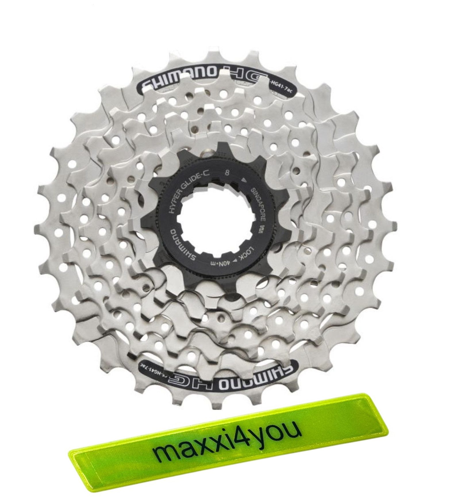 maxxi4you Zahnkranz Shimano Kassette CS-HG41 7-Fach 11-28 Zähne silber inkl. Reflexband