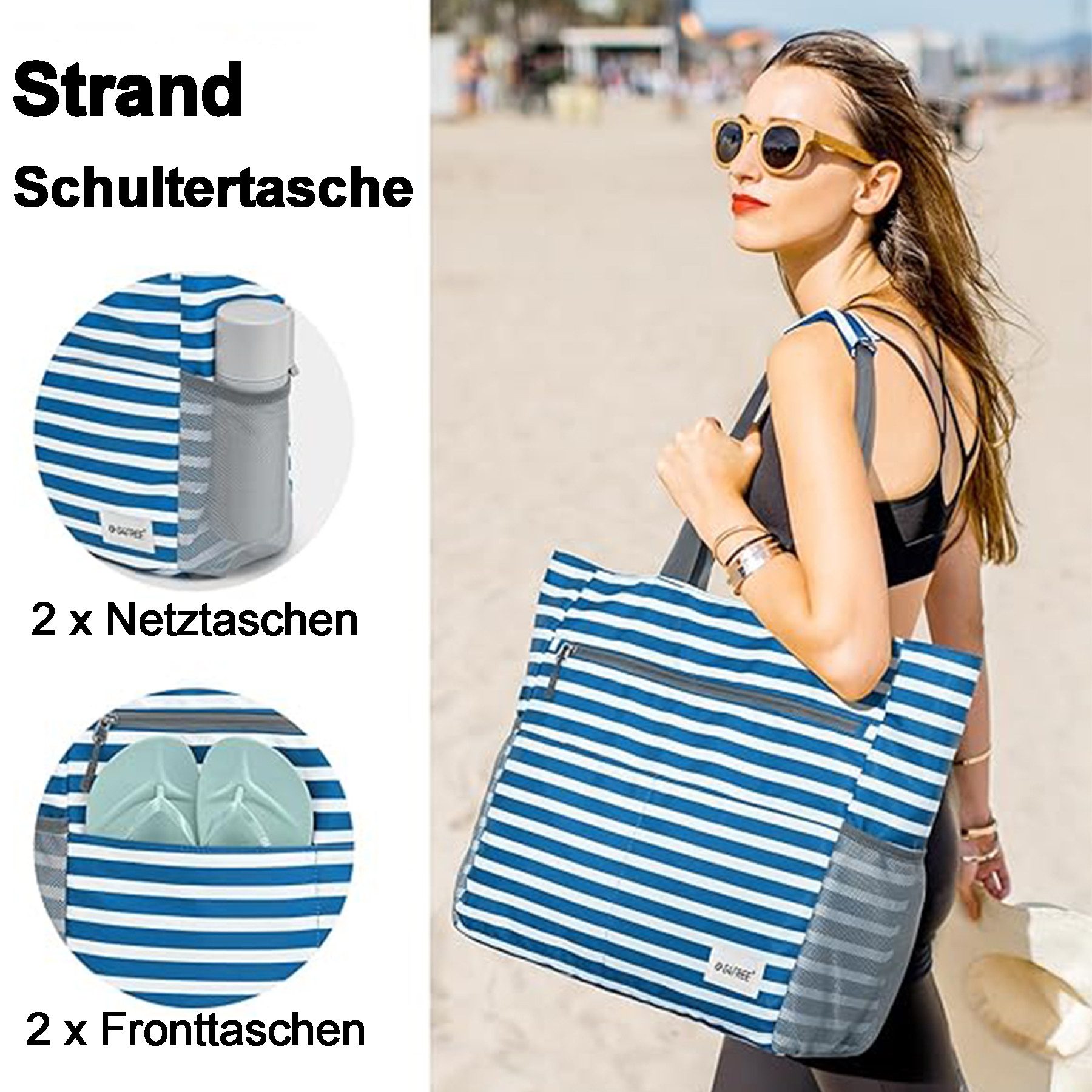 Mutig Strandtasche Große Strandtasche XXL mit Reißverschluss (wasserdichte & faltbare Badetasche, Shopper / Reisetasche / Beach Tote Bag mit mehreren Taschen), für Damen, Strand, Pool, Urlaub, Fitnessstudio & Familie