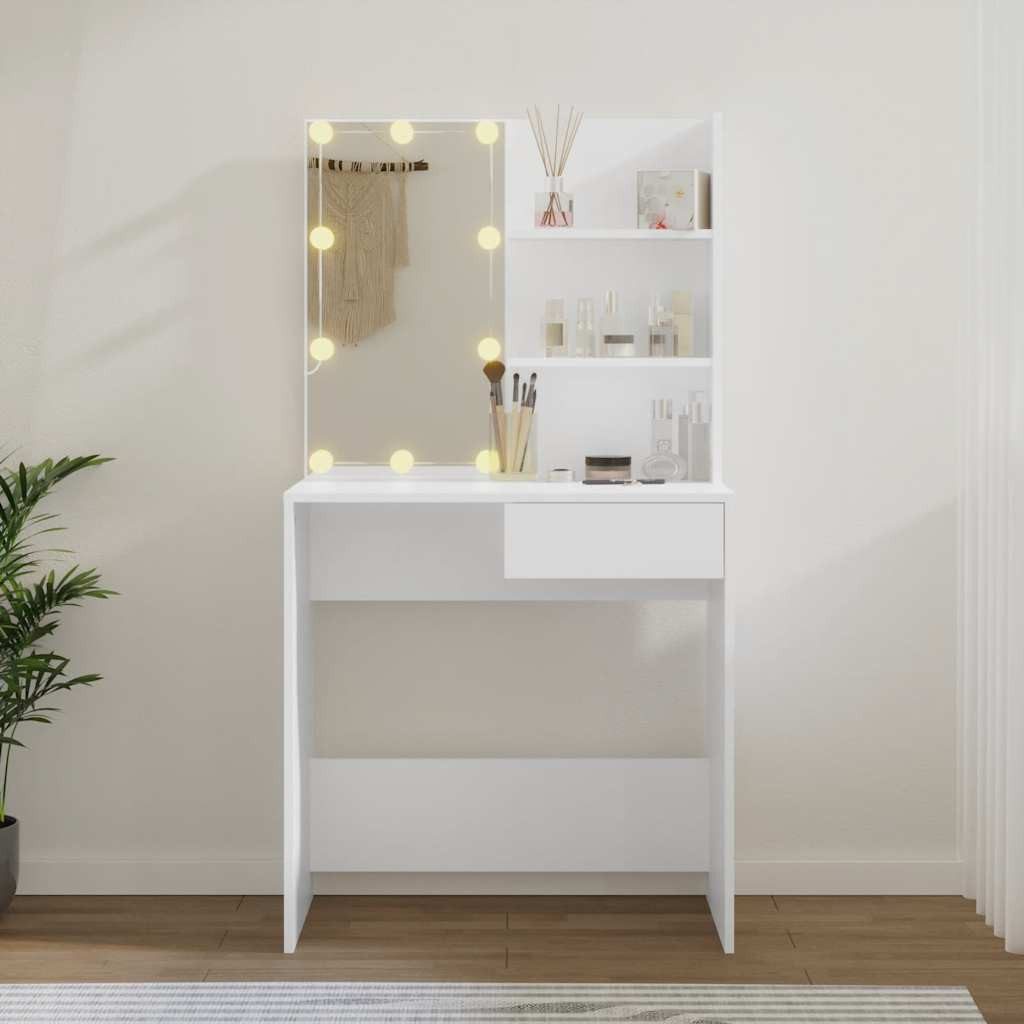 furnicato Schminktisch Weiß 74,5 x 40 x 141 cm mit LED-Beleuchtung (1-St), Kosmetikspiegel-Tisch mit USB-Licht, Schublade und zwei Ablagen