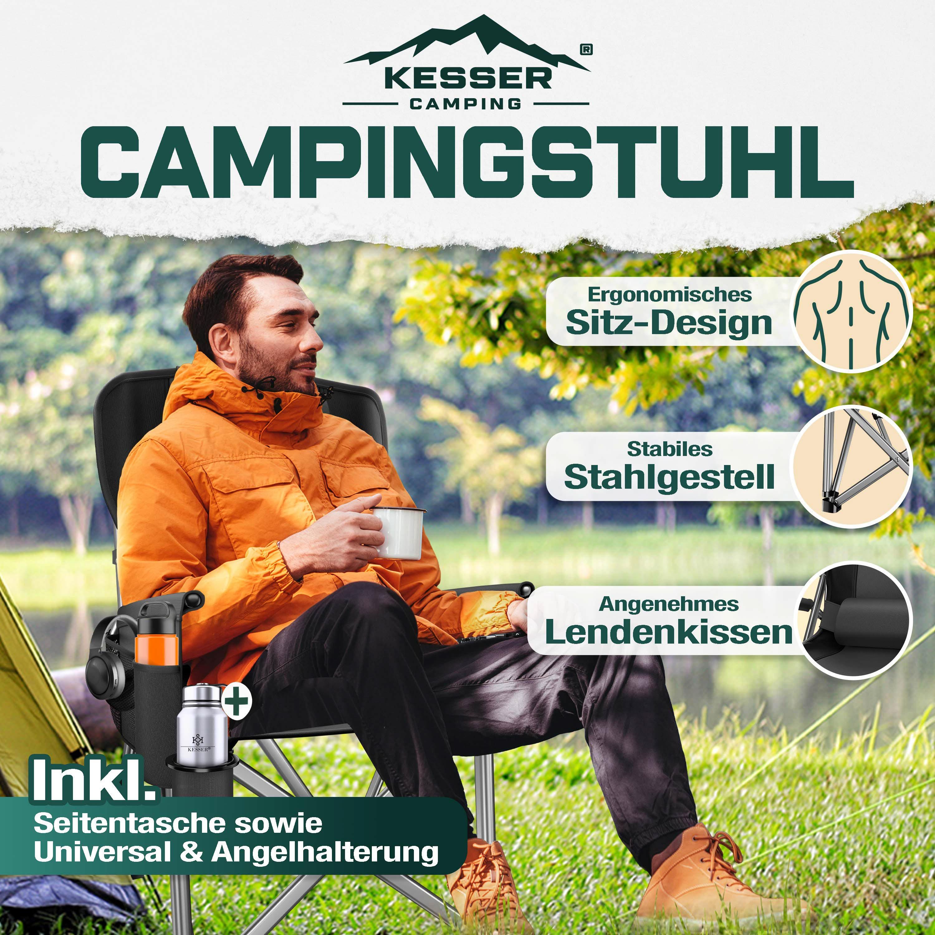 KESSER Campingstuhl (Strandstuhl mit hoher Rückenlehne + Tasche), Campingstuhl Inkl. Campinglicht, Angelhalterung und Getränkehalter – Bild 2 von 5