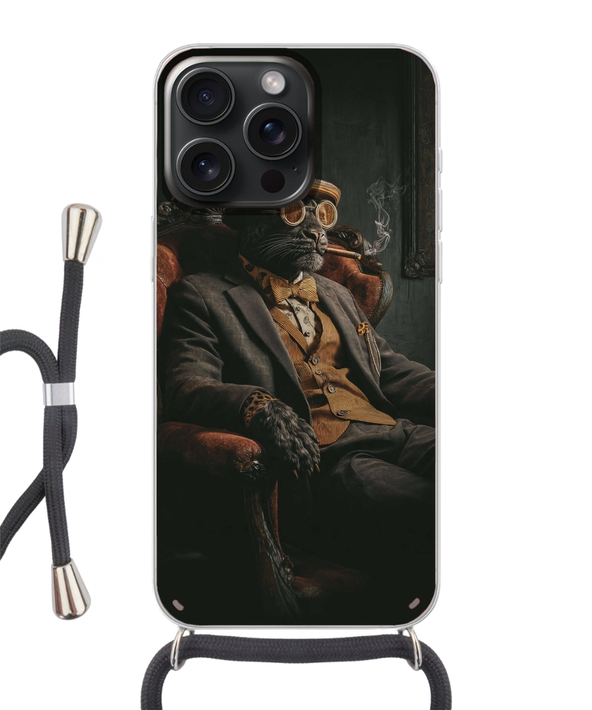 MuchoWow Handyhülle für Apple iPhone 15 Pro Max Katze - Anzug - Orange - Zigarre, Tragbare Handyhüllen mit Kette zum umhängen, Handykette Handyband