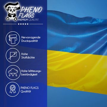 PHENO FLAGS Flagge Premium Ukraine Flagge 90 x 150 cm Ukrainische Fahne (Hissflagge für Fahnenmast), Inkl. 2 Messing Ösen