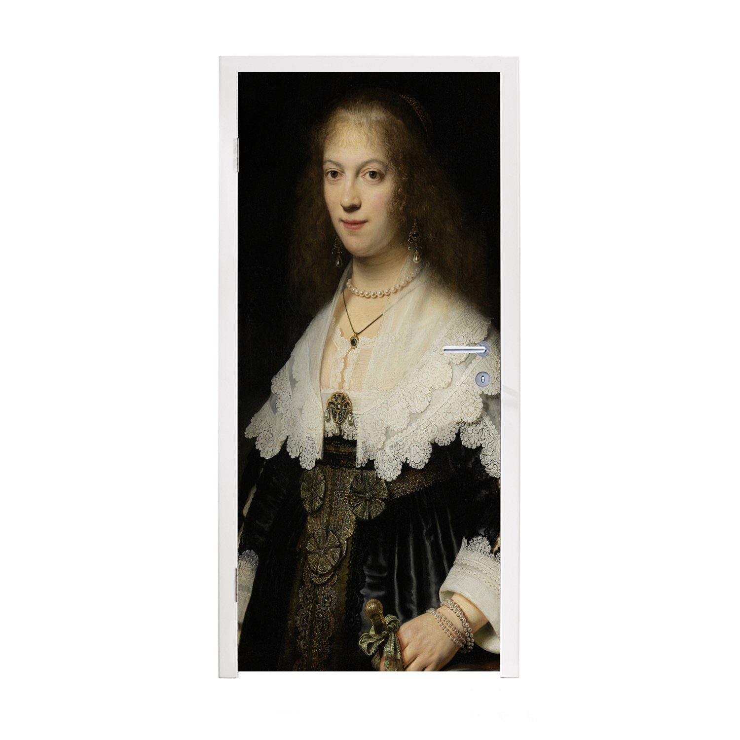 MuchoWow Türtapete Porträt einer Frau, möglicherweise Maria Trip - Gemälde von Rembrandt, Matt, bedruckt, (1 St), Fototapete für Tür, Türaufkleber, 75x205 cm