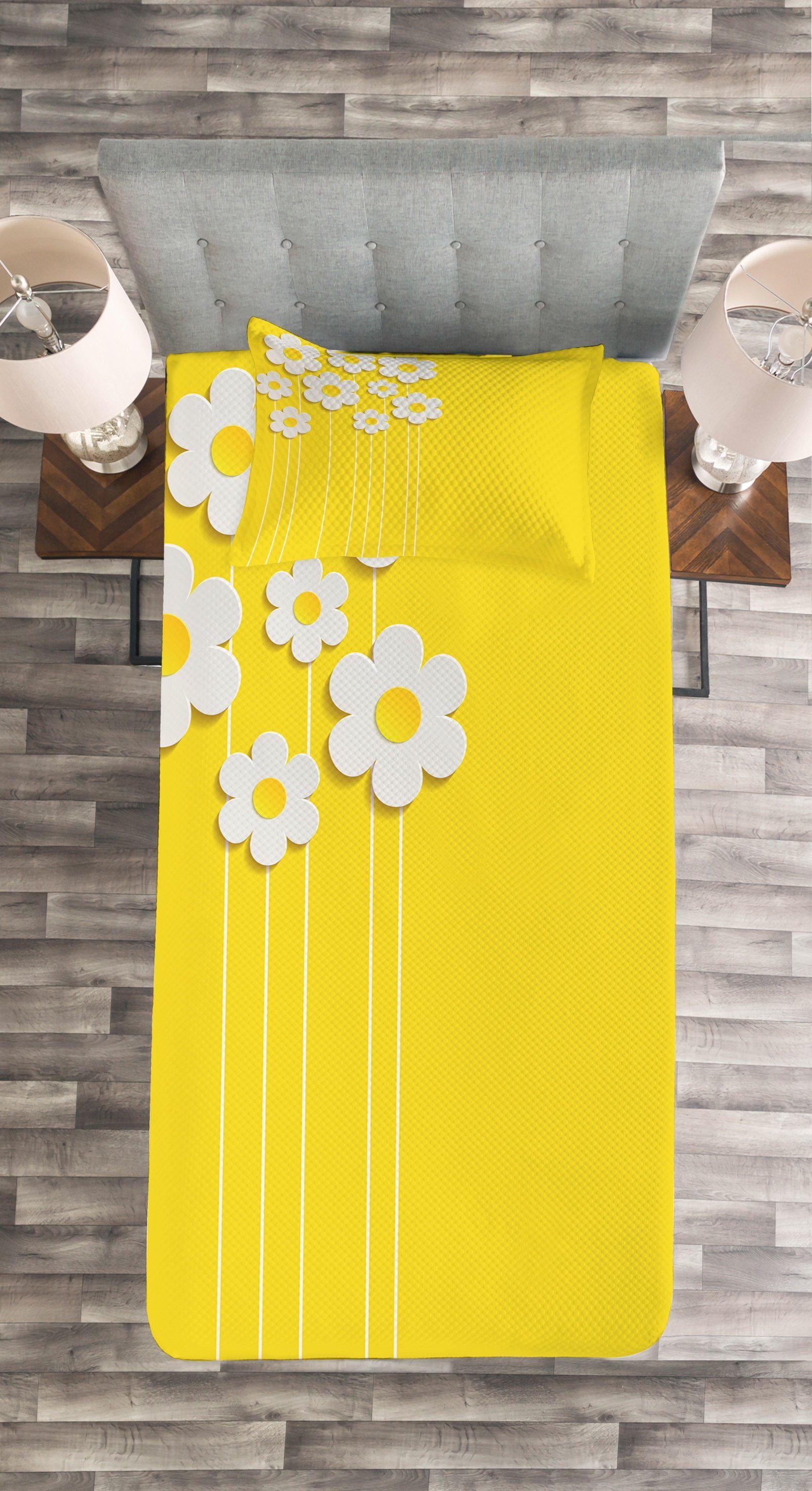 Tagesdecke Set mit Kissenbezügen Waschbar, Gelb Cartoon-Frühlings-Blumen Abakuhaus