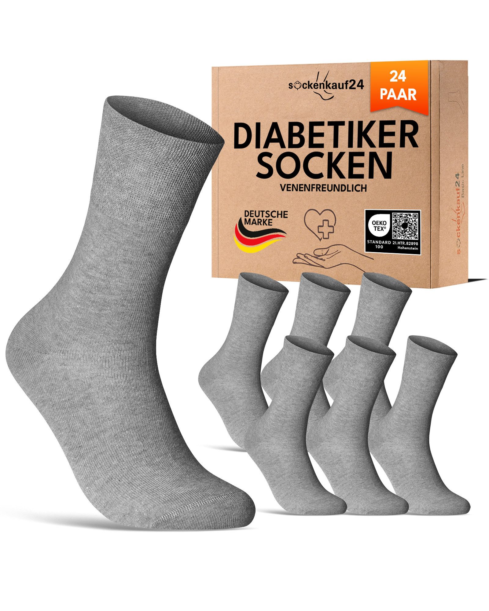 sockenkauf24 Diabetikersocken 97% Baumwolle ohne Gummibund & ohne Naht mit Komfortbund (24-Paar) Diabetiker Socken ohne Gummi für Damen & Herren