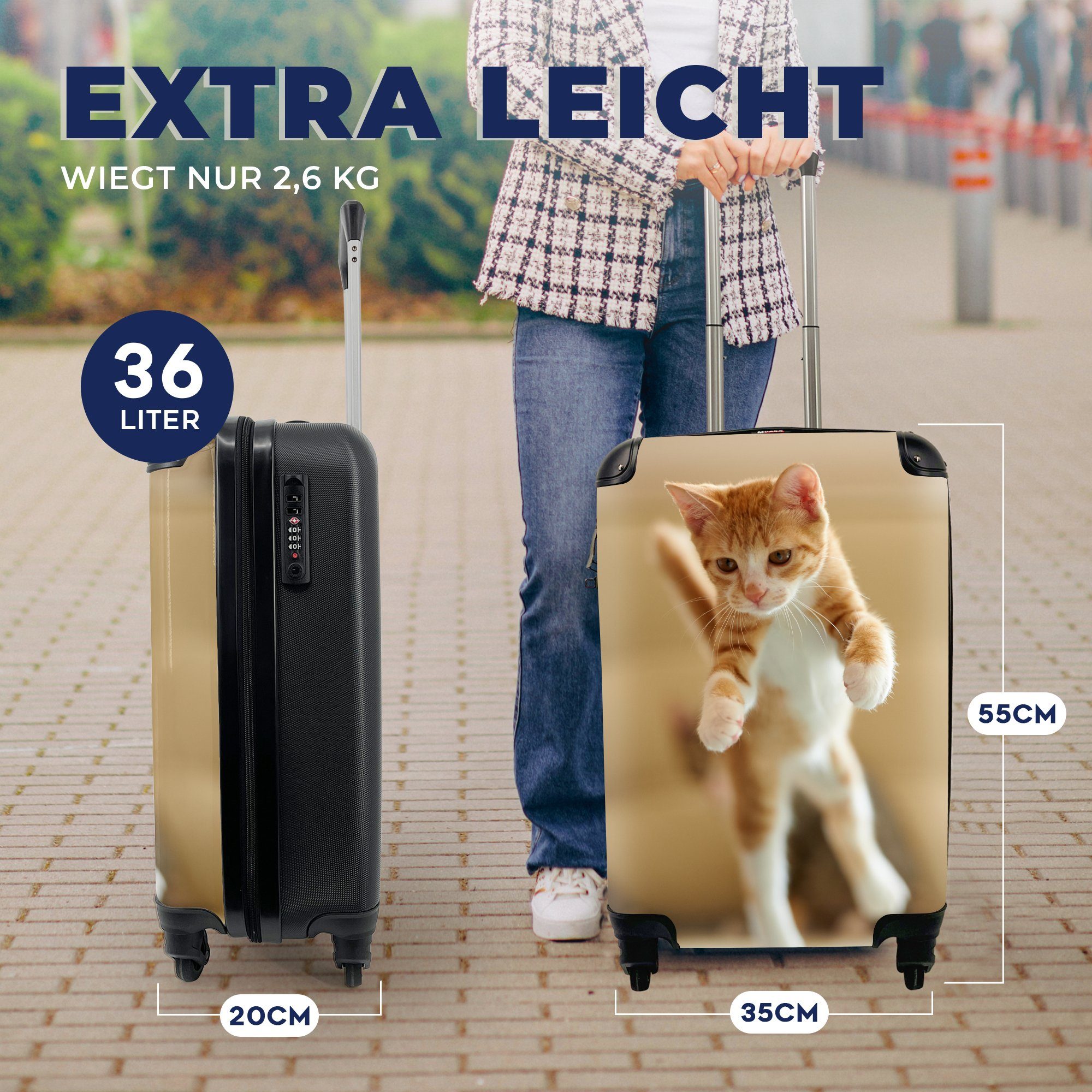 MuchoWow Handgepäckkoffer Eine springenden Kätzchens, rollen, Handgepäck eines Ferien, Reisekoffer 4 Trolley, für Rollen, Nahaufnahme mit Reisetasche