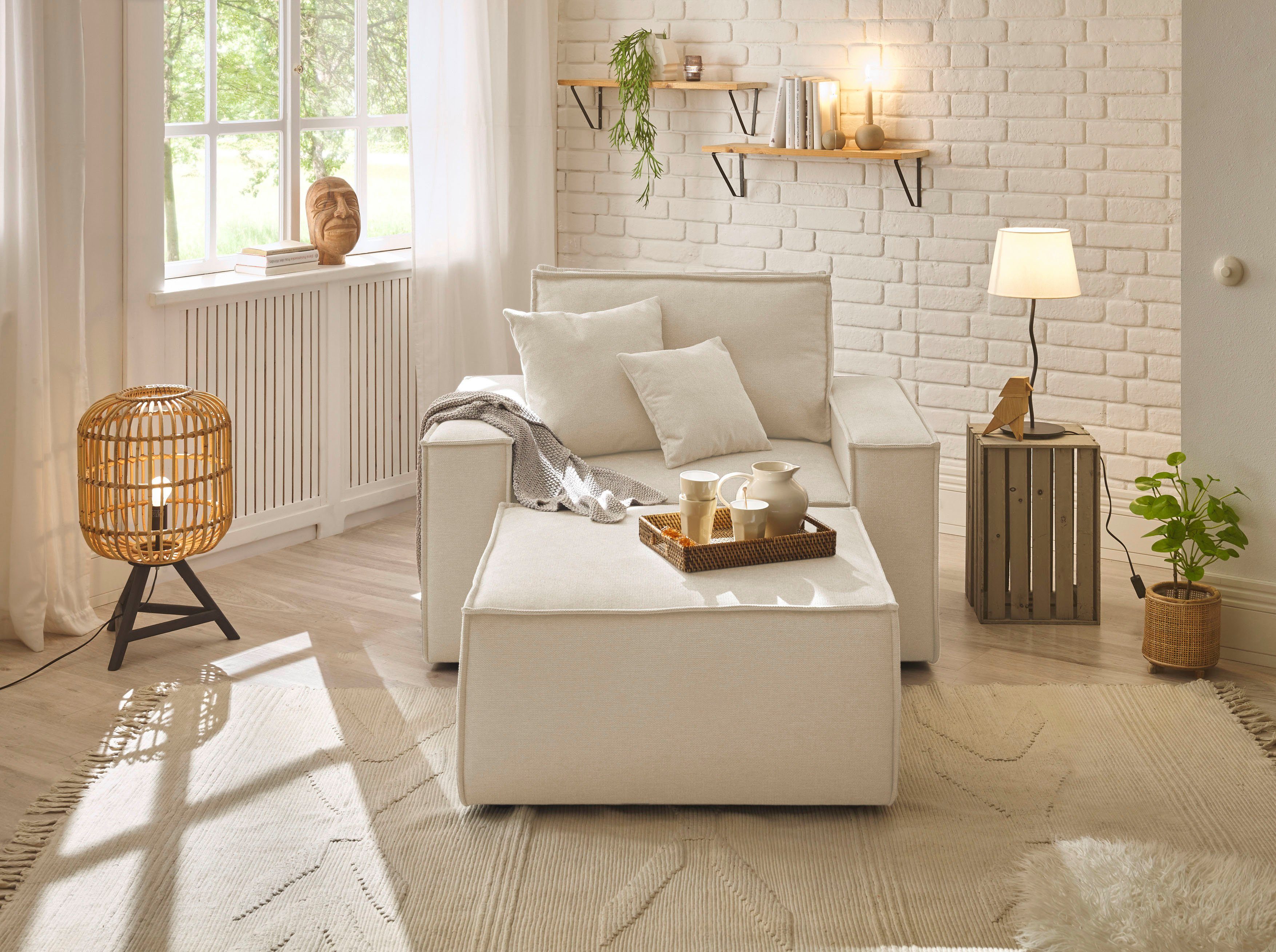 OTTO home Loveseat FINNLEY Struktur fein, Loveseat & Hocker im Set, inkl. Zierkissen (2-St), verfügbar in den Stoffqualitäten Bouclé, Struktur fein und Mega Cor – Bild 5 von 5