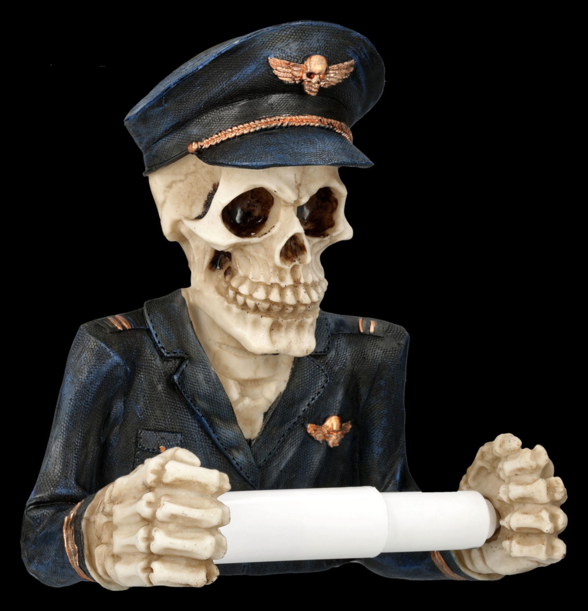 Figuren Shop GmbH Toilettenpapierhalter Skelett Pilot Toilettenpapierhalter – WC Halter Figur Horror Deko 21cm – Bild 3 von 5