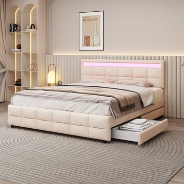 Ulife Polsterbett Doppelbett mit 4 Schubladen, LED, Samt, Verstellbares Kopfteil