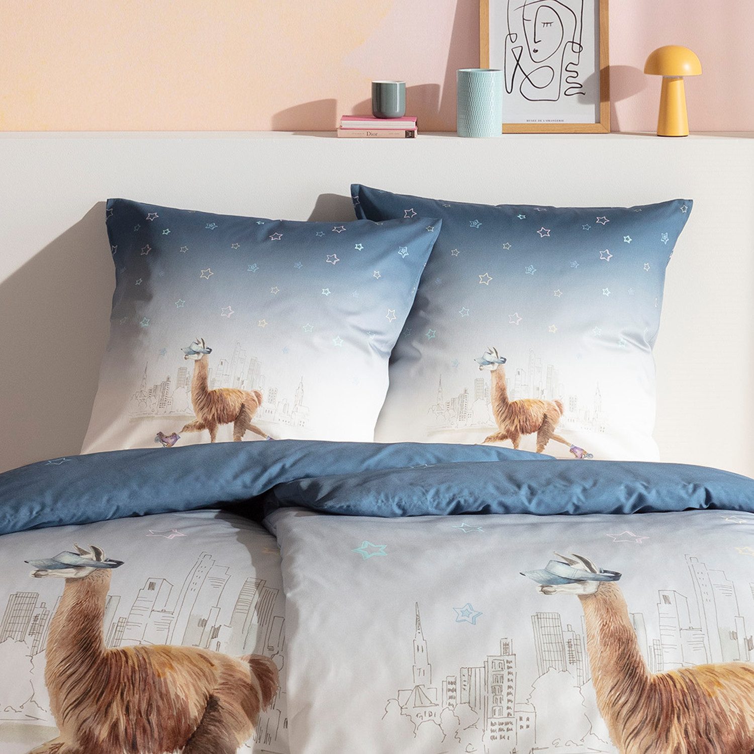 Estella Bettwäsche Estella Mako Satin Bettwäsche City Lama 4848-600 Sterne blau 135x200, Mako Satin, 2 teilig, Feinster Premium Mako Satin
