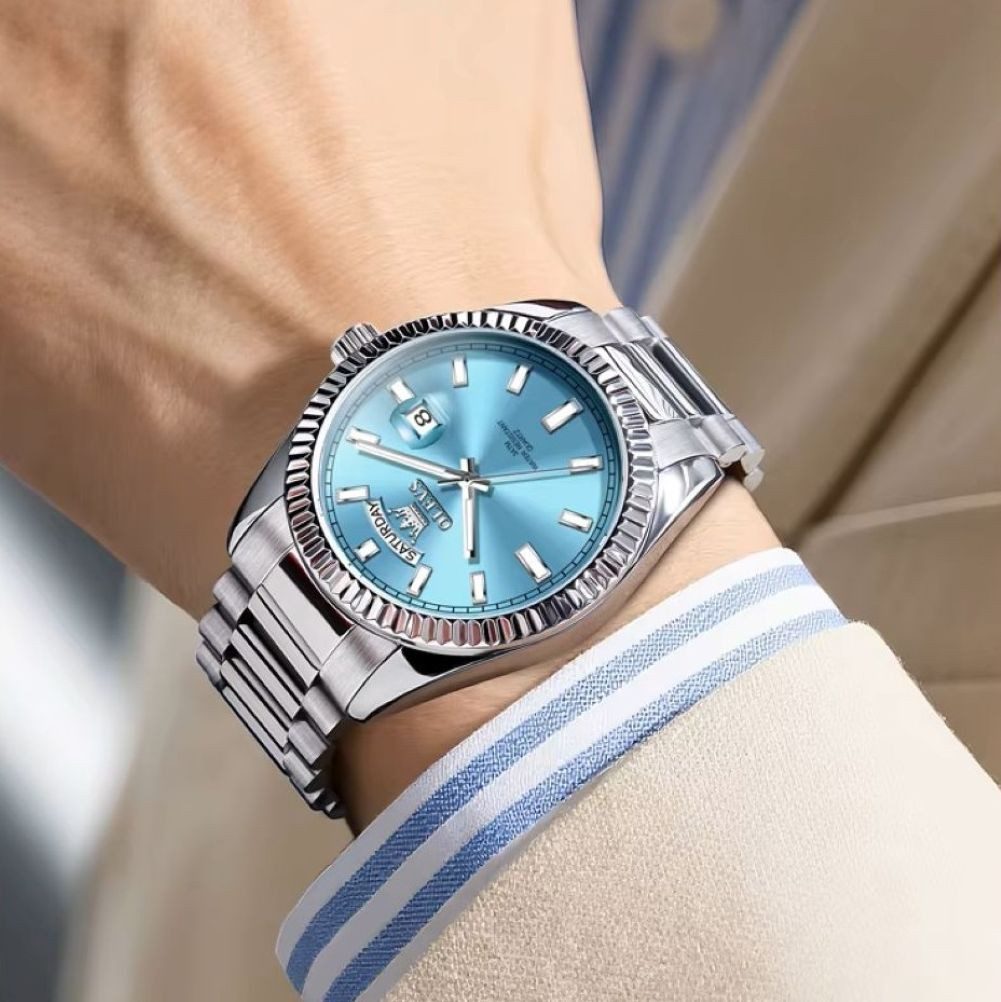 Tidy Quarzuhr OLEVS Herrenquarzuhr Edelstahlgehäuse Gliederband Datum Wochentag 40mm