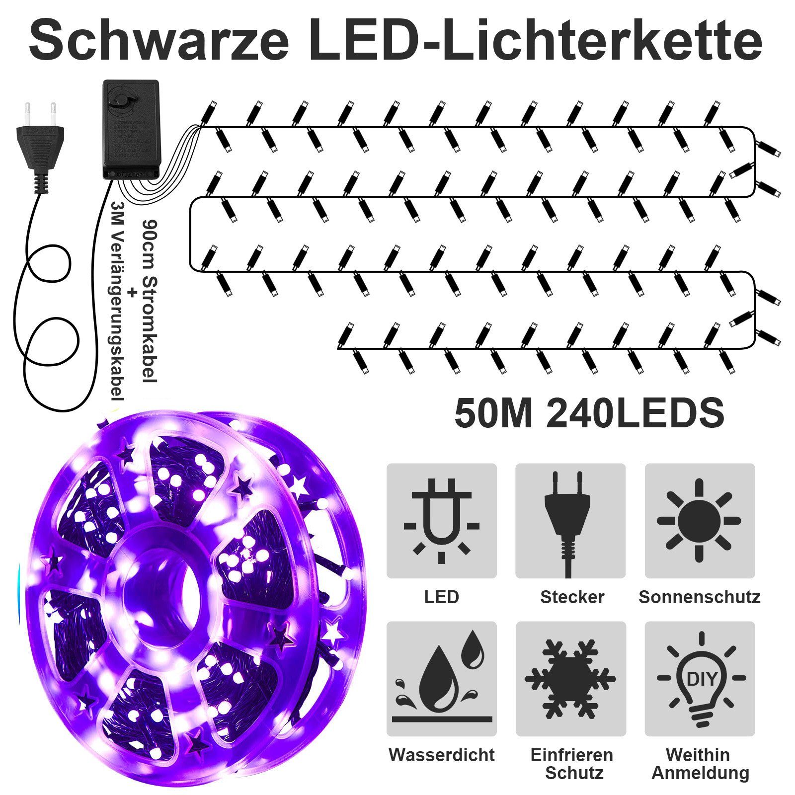 Rosnek LED-Lichterkette 50M, 240LEDs, 8 Modi, Speicherfunktion, für Weihnachtsbaum Garten Deko, wasserdicht, schwarzes Kabel, Spulenverpackung