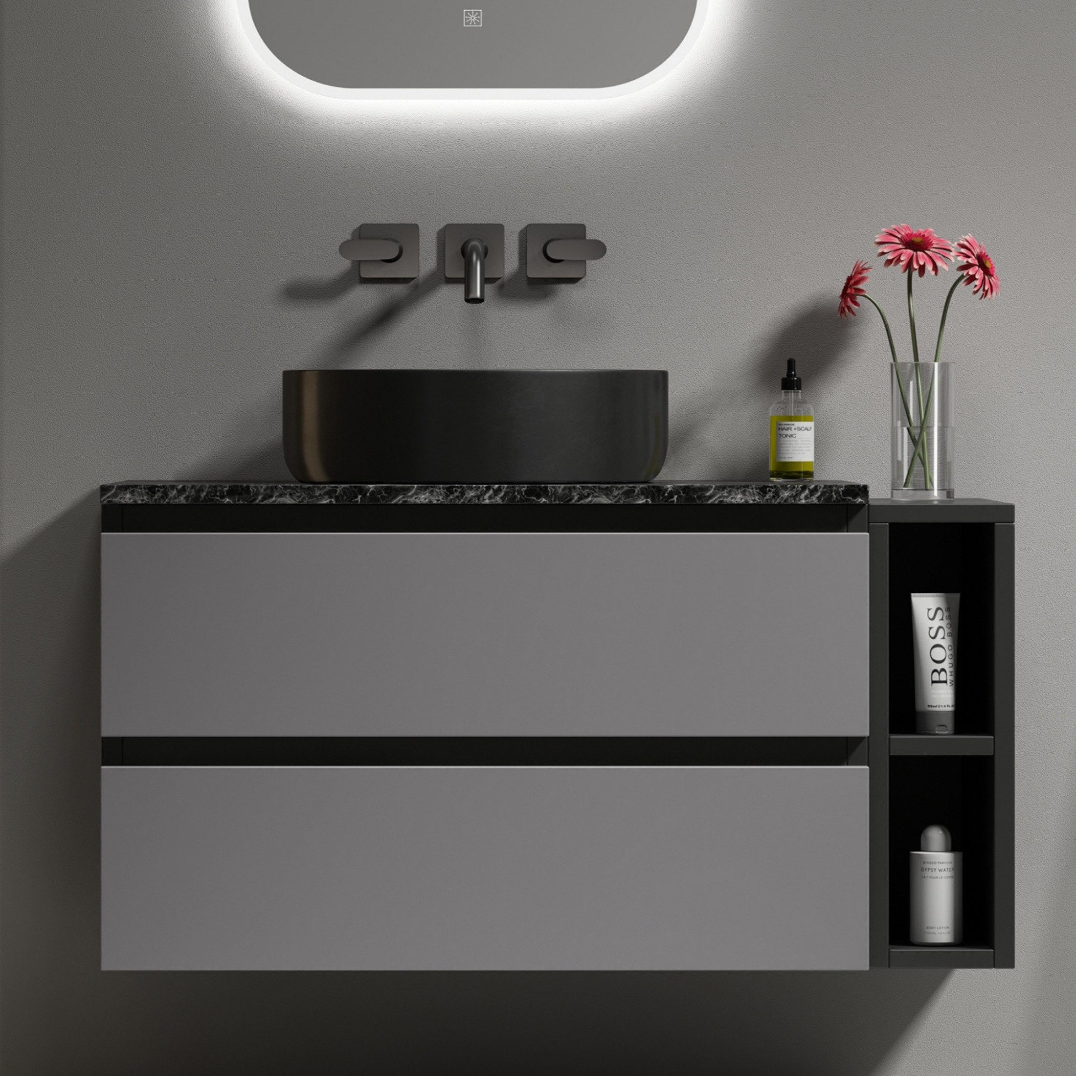 autolock Waschbeckenunterschrank Waschbeckenunterschrank Waschtisch mit Keramikwaschbecken Schubladen (80 × 44 × 48,5 cm) Hängeschrank Aufsatzwaschbecken modernes mit Arbeitsplatte aus Marmor