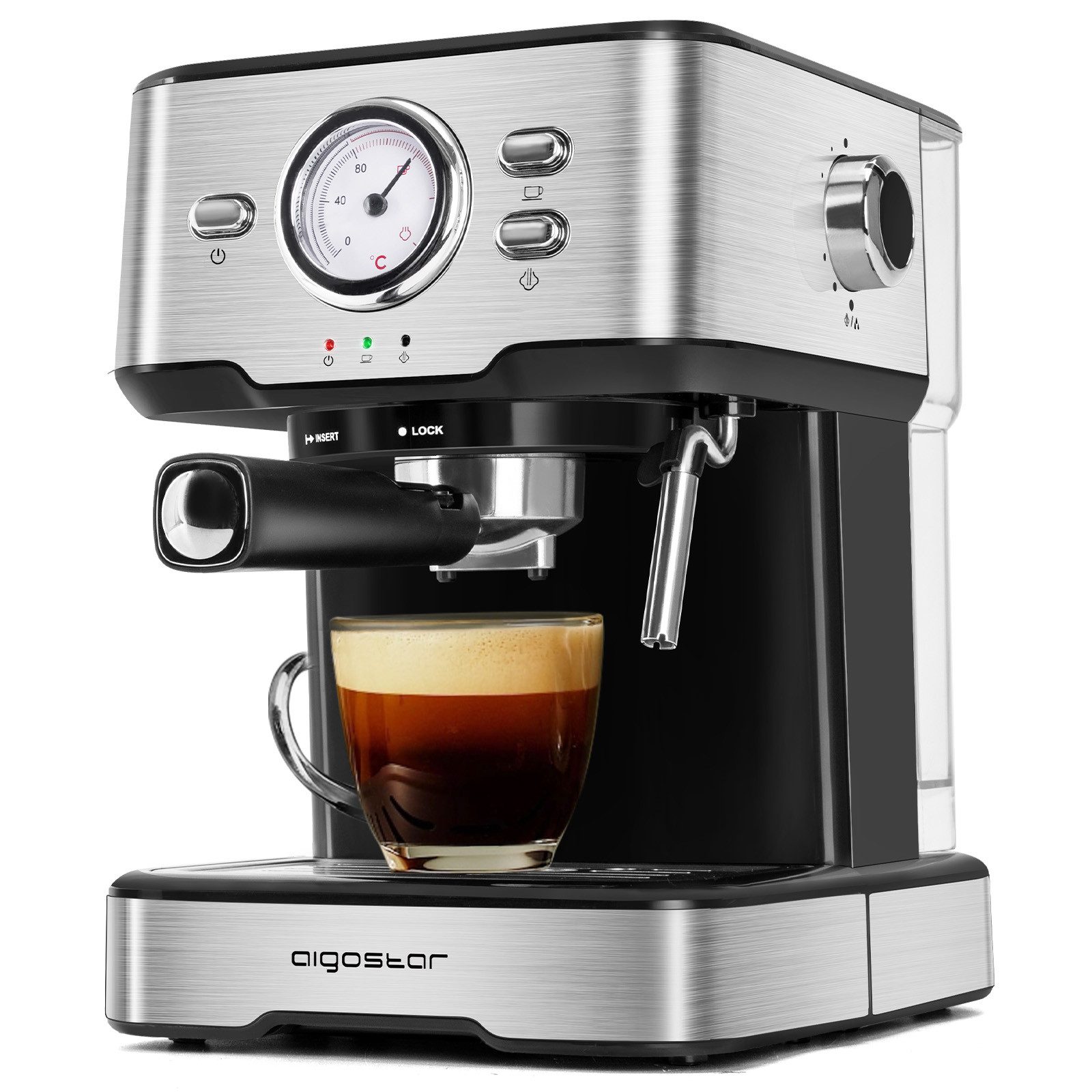 Aigostar Espressomaschine Espressomaschine mit Siebträger, 1,5 L, Edelstahl, 15 Bar, 1.5l Kaffeekanne