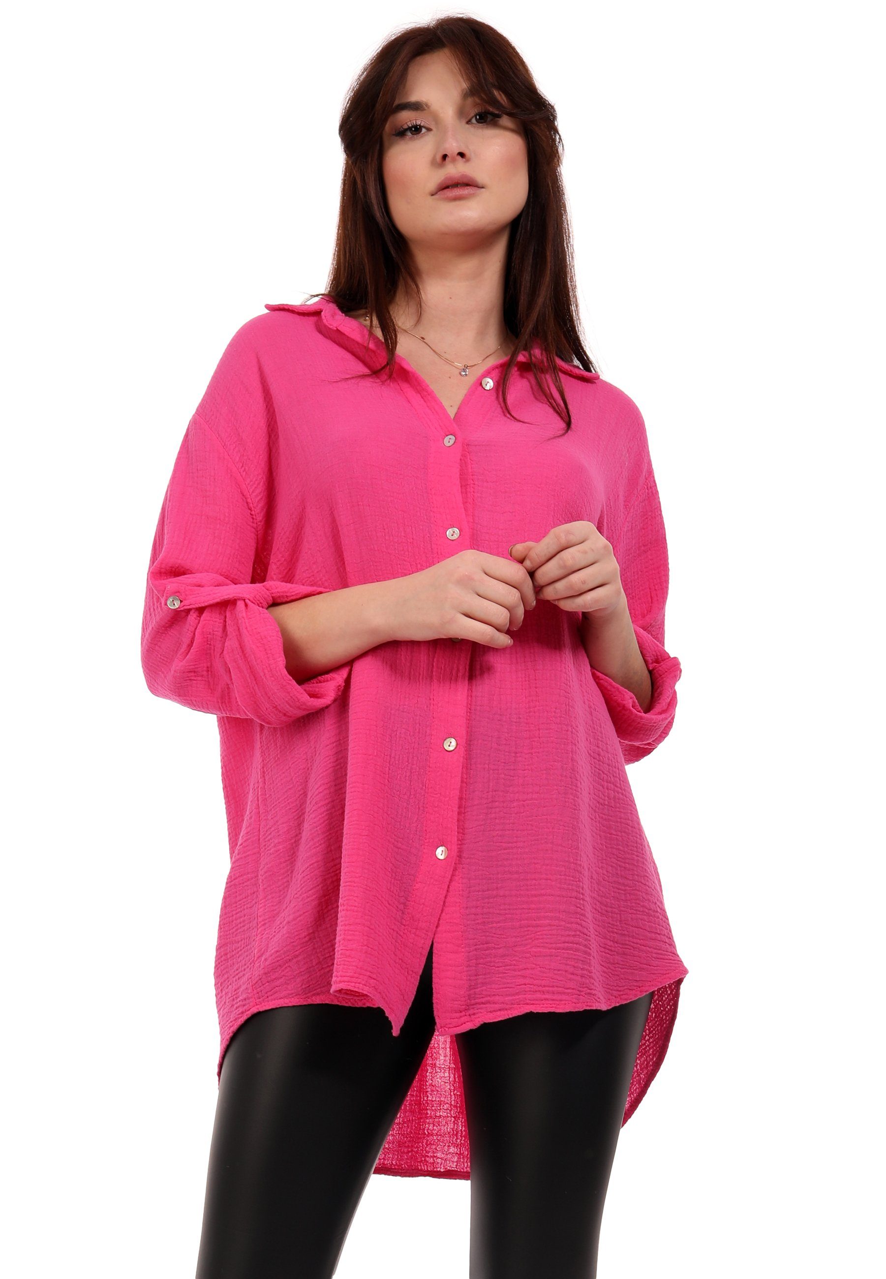 Uni, (1-tlg) Herrlich Style Hemdbluse bluse YC pink One Fashion Bluse Long Musselin Langarm, Oversized & weicher Size Casual