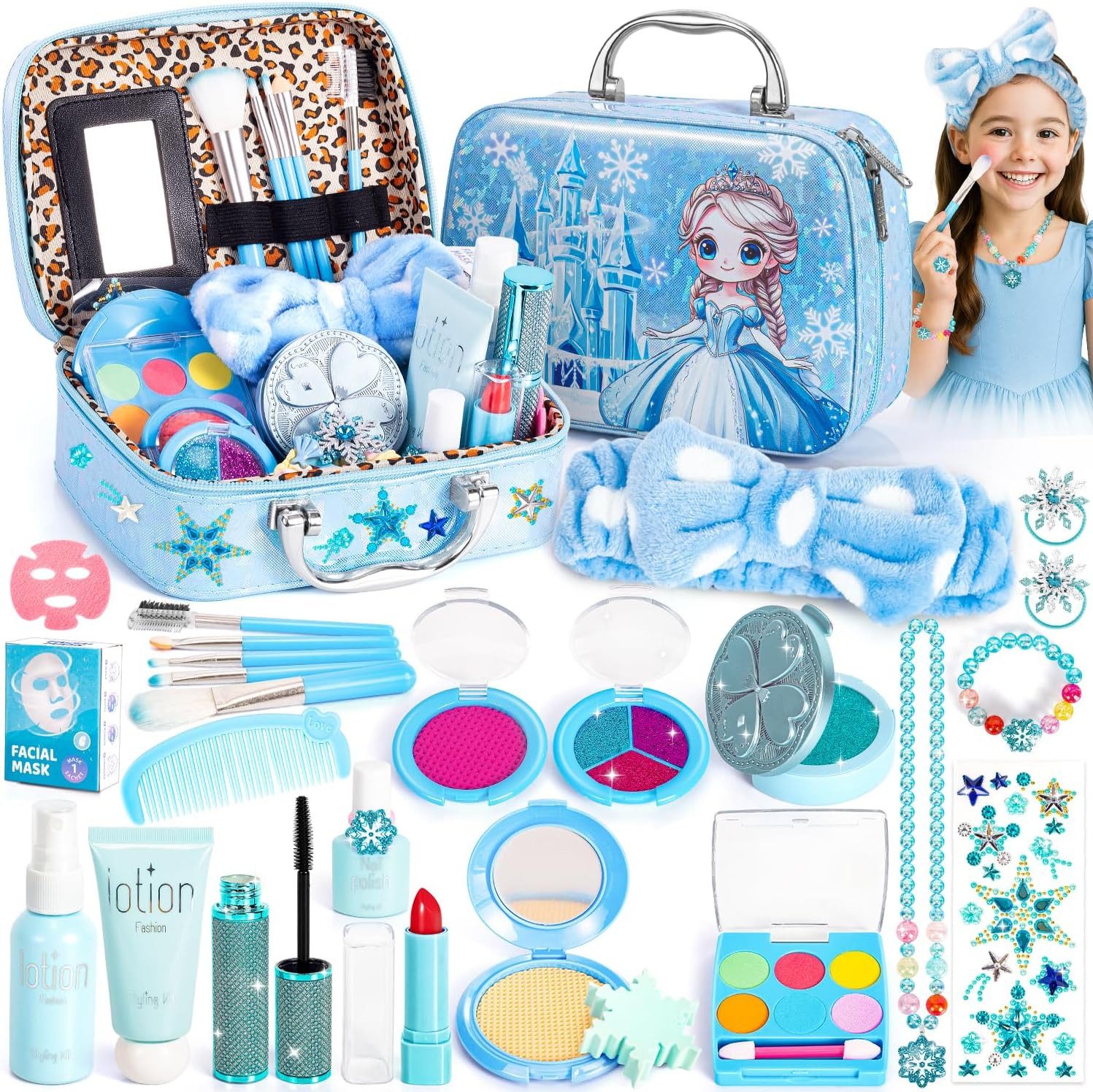 Hohosunlar Kosmetik-Koffer Eisprinzessin Makeup Set für Mädchen 29-teilig ab 3 Jahren, 29-tlg., 29-teiliges Princess Makeup Set für Kinder Mädchen Spielzeug, Sicheres Kinderspielzeug, fantasievolles Rollenspiel, tragbare Tasche