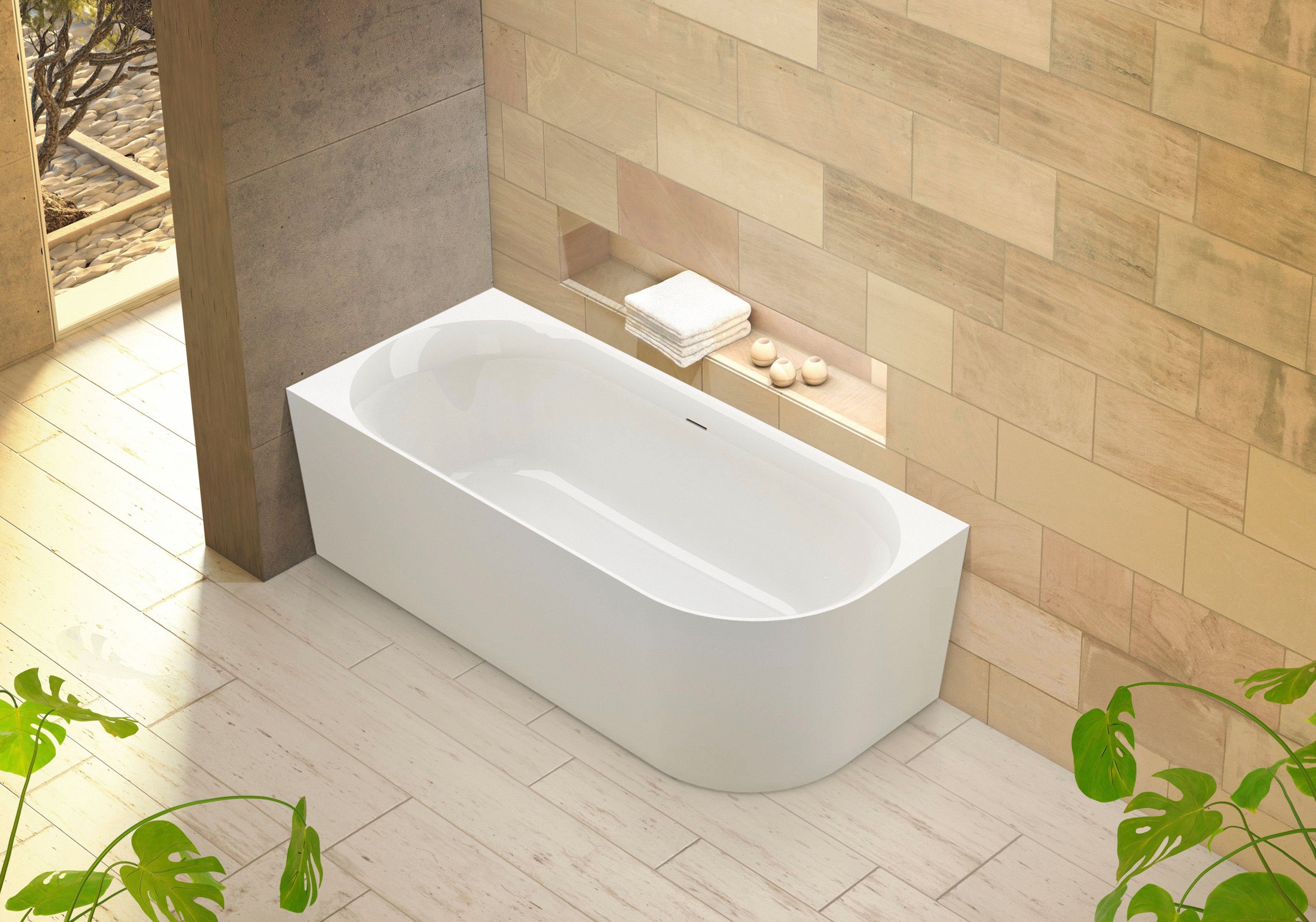 OTTOFOND Badewanne Mince Corner XS rechts 155 cm weiß, (1-tlg), inkl. Ablaufgarnitur, Schlitzüberlauf, Fußgestell, schmale Wannenkante