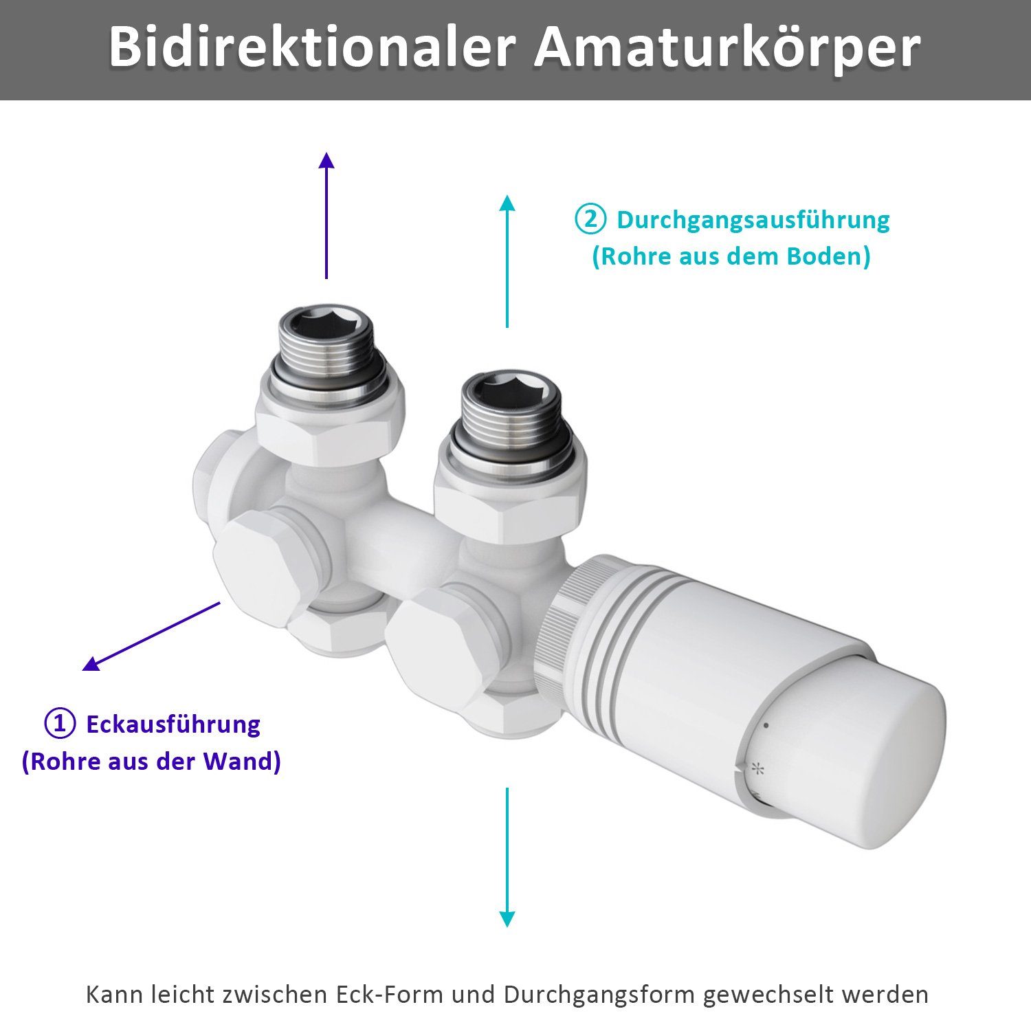 und 50mm Thermostatkopf, Eck- 1/2", Weiß Set Thermostatkopf, Heizkörperthermostat Anschlussarmatur mit für ELEGANT Heizkörper G 50mm Durchgangsform 1/2" Multiblock G mit