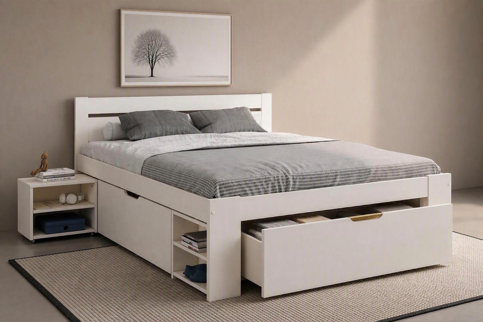 OTTO home Massivholzbett "HANNES " mit Schubladen und Regalen, Nachtschrank ausziehbar, stabil, FSC®-zertifiziertes Kiefernholz, ideal für kleine Räume