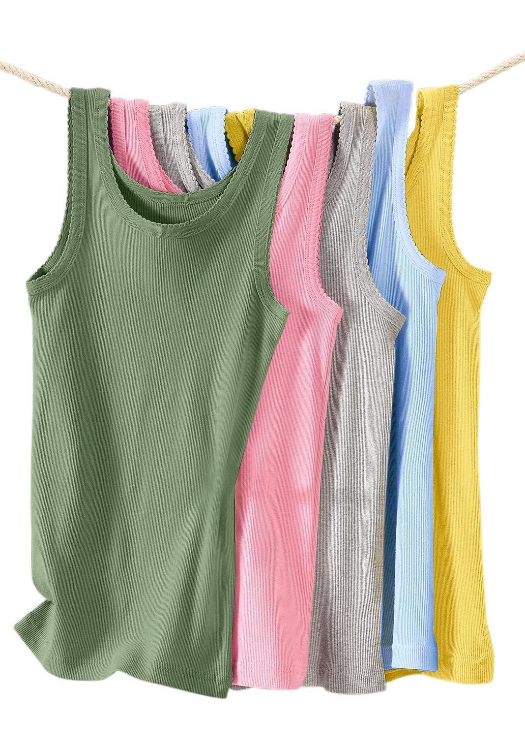 aus Unterhemd gelb, rosa, hellblau, Unterziehshirt petite fleur Tanktop, (5er-Pack) Doppelripp-Qualität, grau-meliert grün, weicher