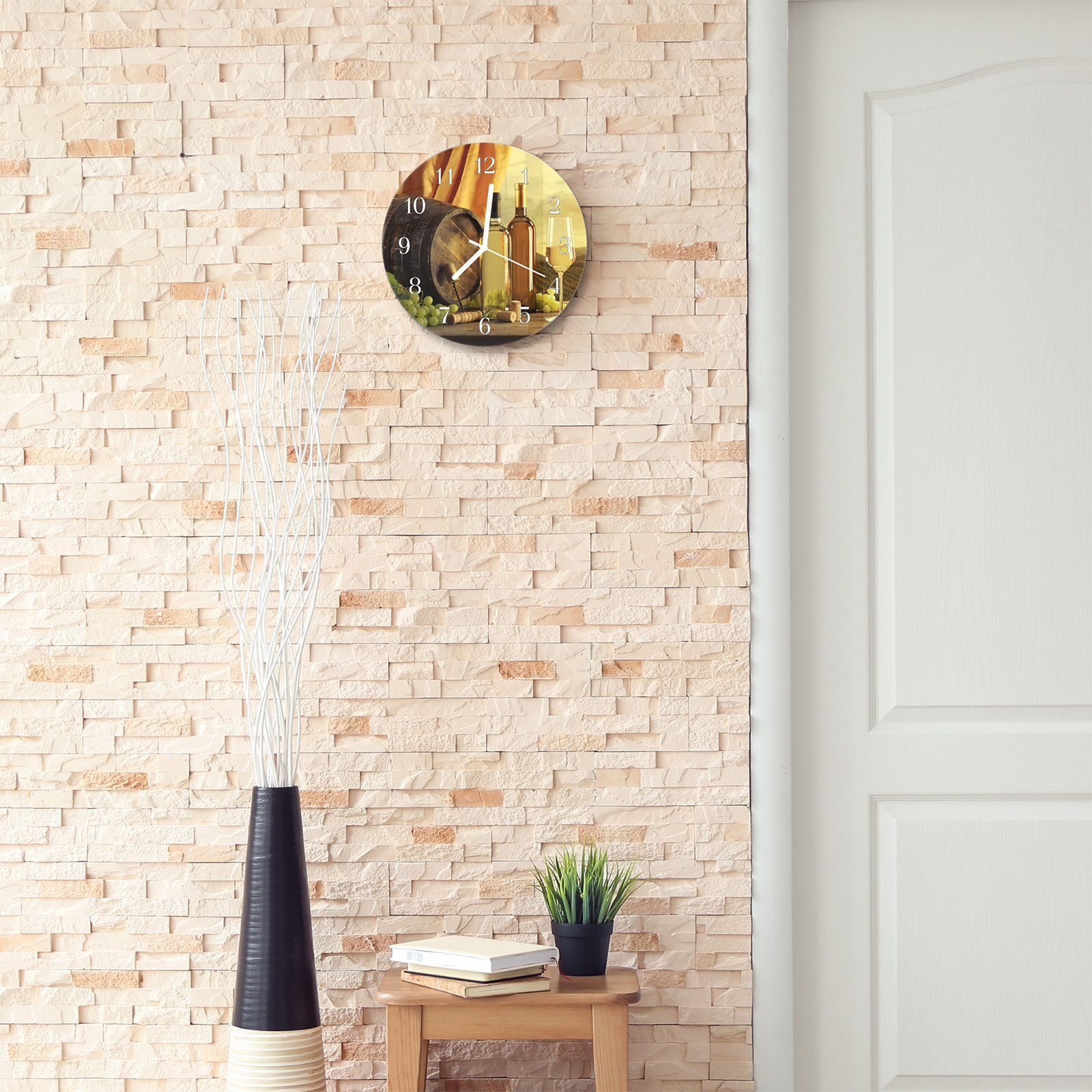 Weinflaschen Wanduhr Wanduhr - Rund mit Trauben Fass mit und Motiv aus cm mit Quarzuhrwerk 30 Primedeco Glas vor Durchmesser