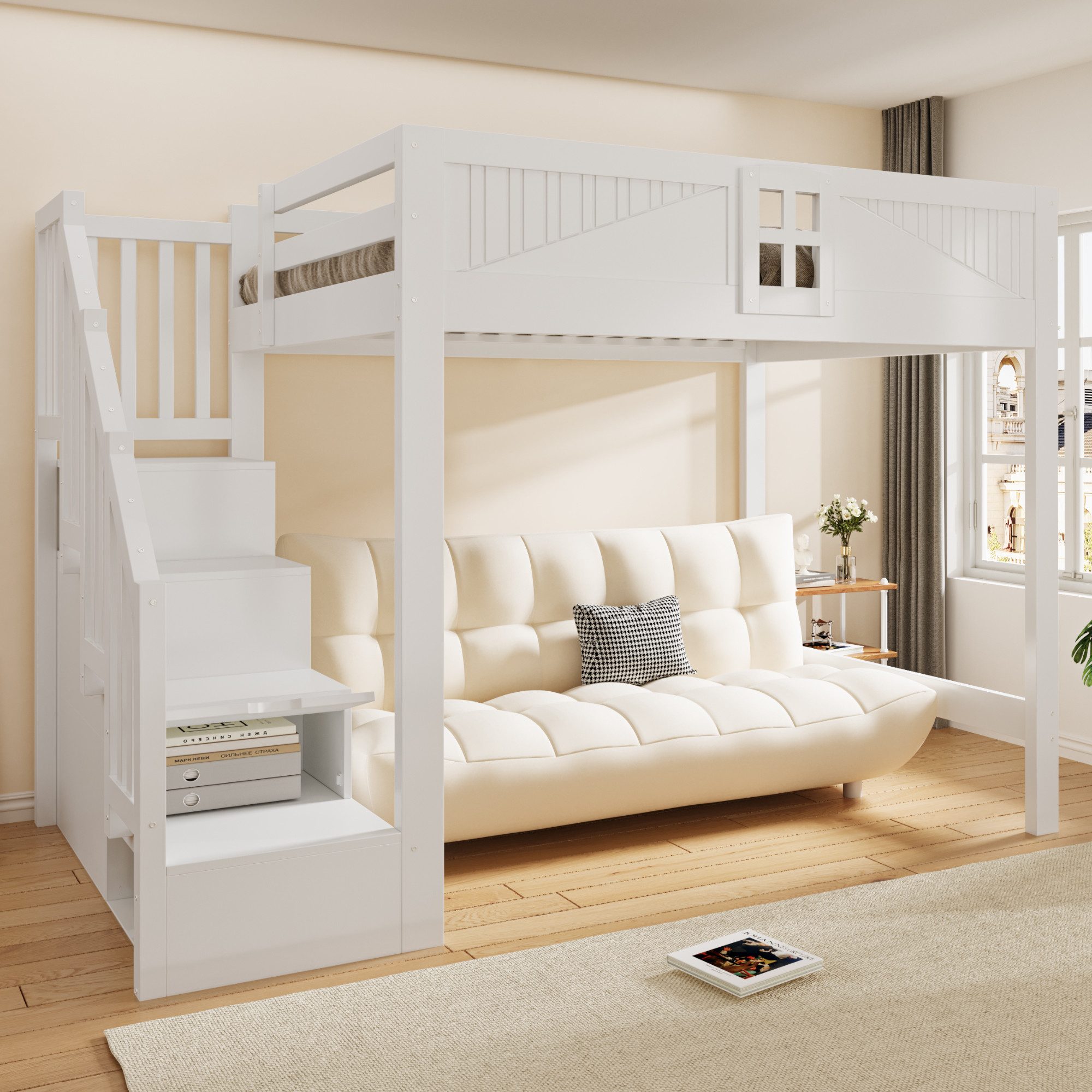Celya Hochbett Massivholz Multifunktionsbett 140 x 200 cm mit Stauraum (ohne Matratze, Mit Einzigartigem Sicherheitsgitter Mit Fenster) Beidseitig Austauschbare – Bild 4 von 5