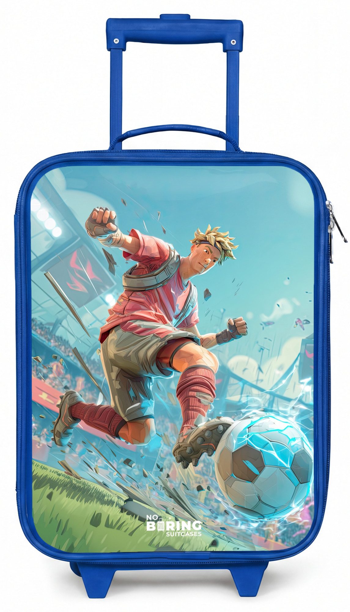 NoBoringSuitcases.com© Kinderkoffer Blau - mit leuchtende Räder - Fußball - Junge - Stadion - Elektrisch, 2 Rollen, Handgepäck Koffer, Trolley Kinder, Reisekoffer Jungen