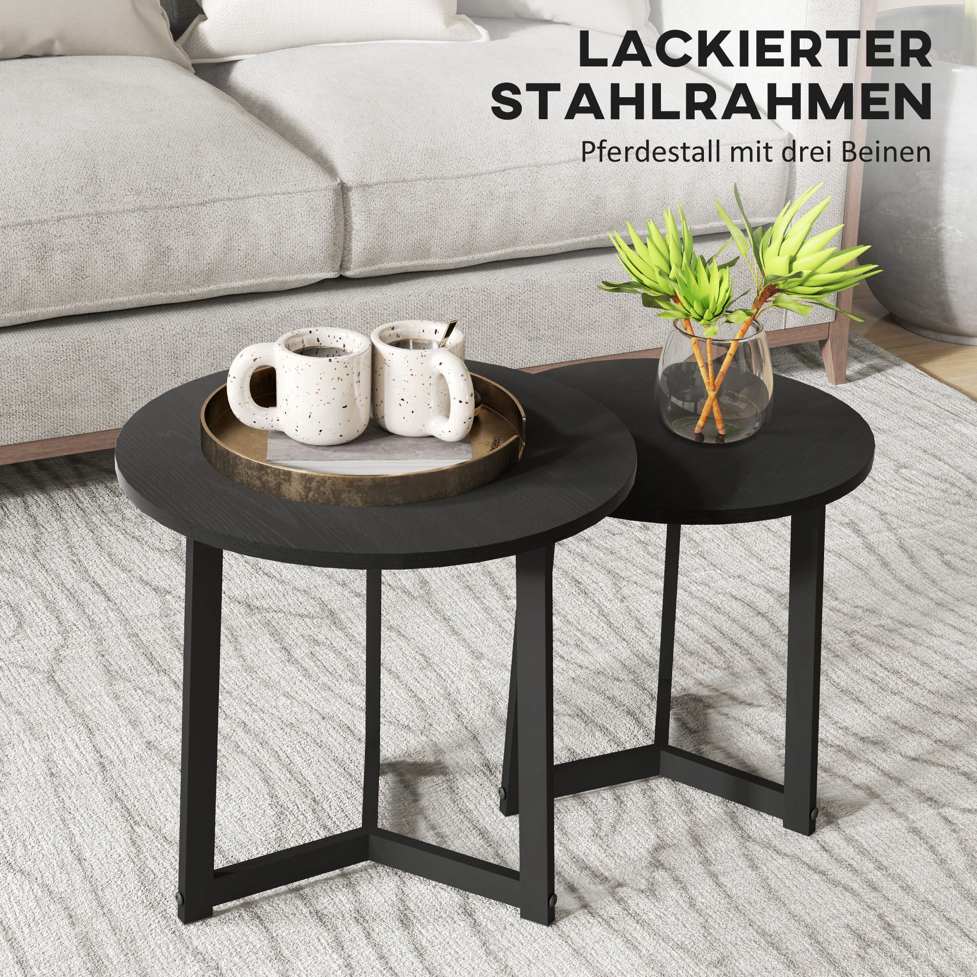 HOMCOM Couchtisch Beistelltisch aus MDF und Stahl, Stapelbar, Sofatisch (Kaffeetisch, 2-St., Eckiger Beistelltisch), für Wohnzimmer, bis 35 kg Belastbar, Schwar – Bild 5 von 5