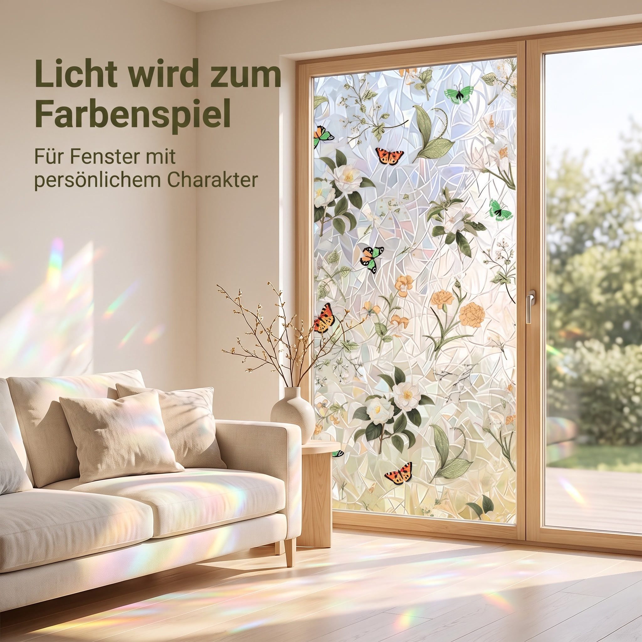 HomeBella Fensterfolie Buntglasoptik mit Blumen & Schmetterlingen, Dekorative Glasdekorfolie mit Blättermuster für Fenster & Glastüren – Bild 2 von 5