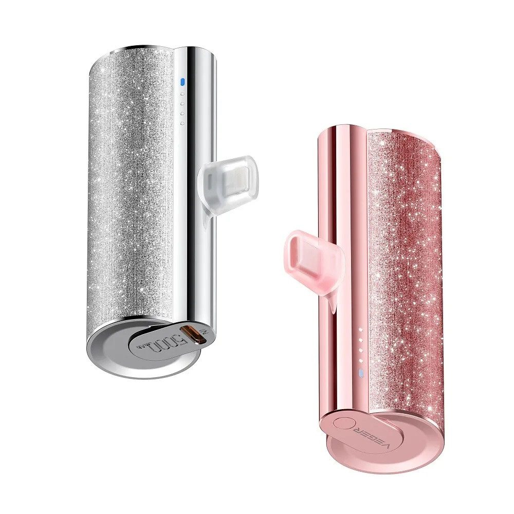 VEGER Powerbank 5 000 mAh mit eingebautem Anschluss 12W PlugOn mit Glitzer Powerbank