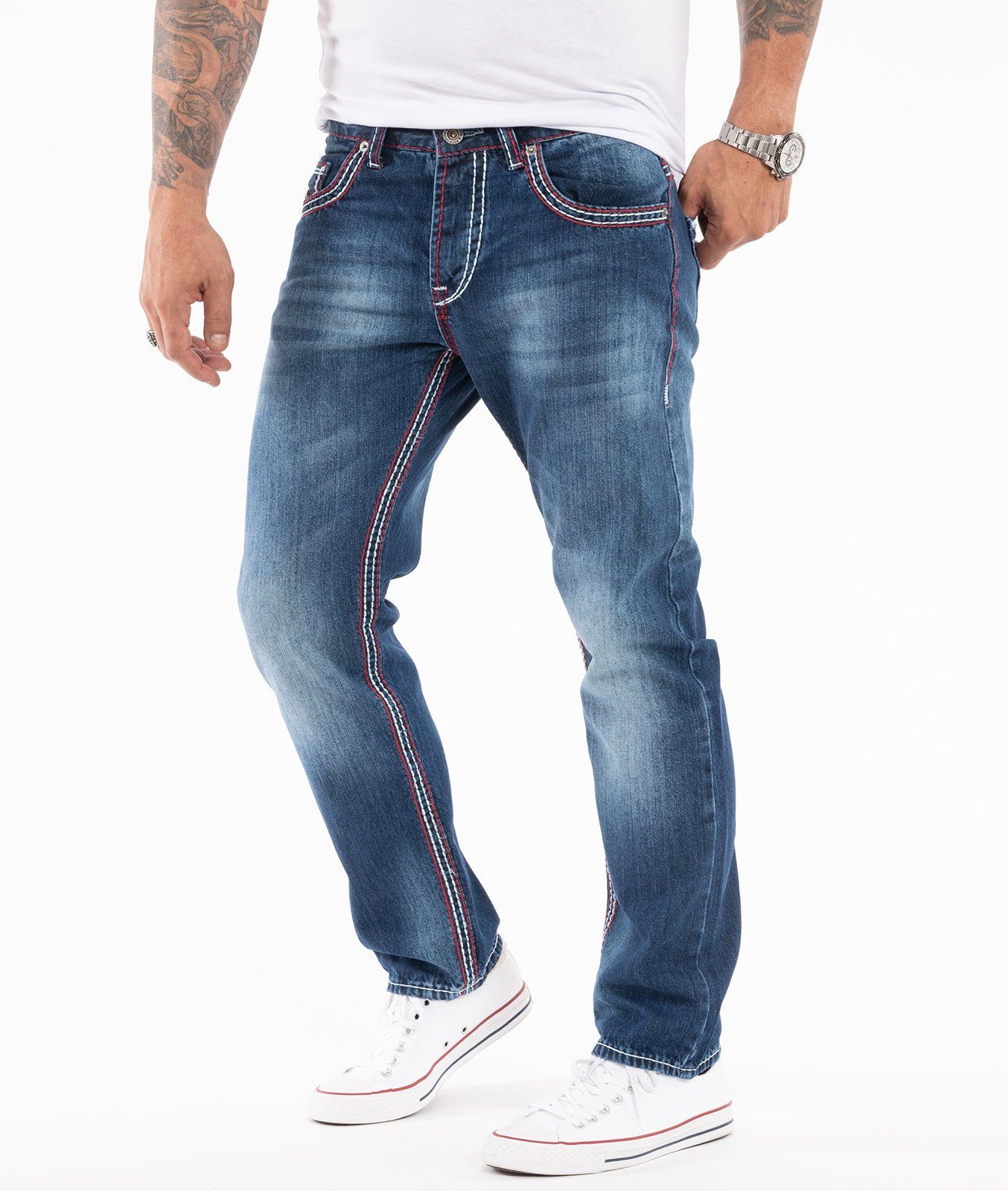 Dunkelblau Straight-Jeans Creek RC-2272 Rock Jeans Nähte Herren dicke