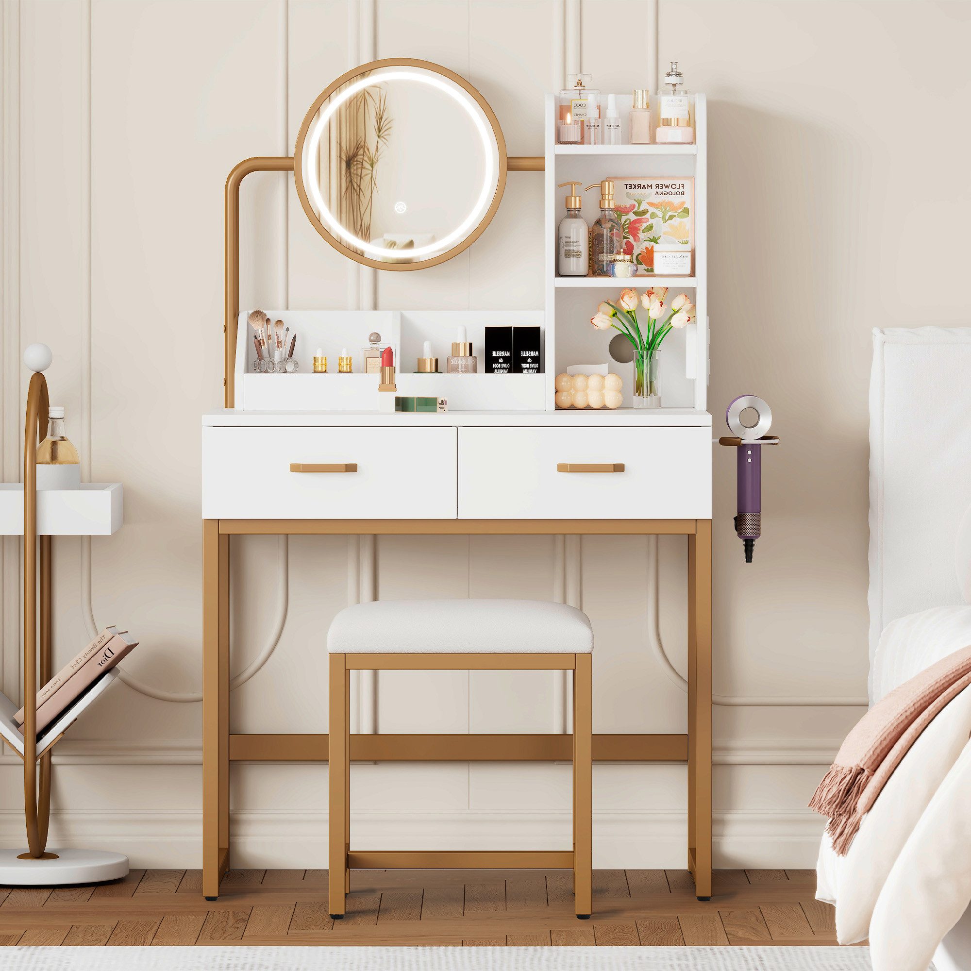 Merax Schminktisch mit Hocker, LED-Beleuchtung, Einstellbare Helligkeit (1-St., drehbarem Spiegel, Steckdosen & USB, 2 Schubladen)