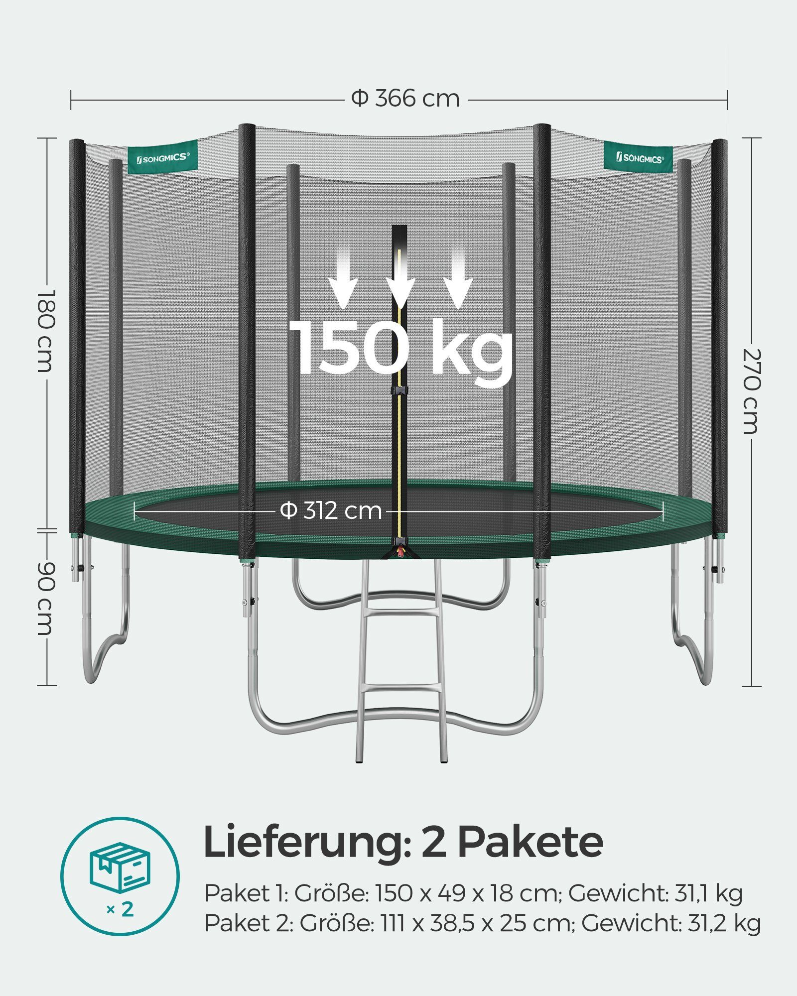 SONGMICS Gartentrampolin mit Randabdeckung, Sicherheitsnetz, Leiter und gepolsterten Stangen, Ø 366 cm, Ø244/Ø305/ Ø366 cm, mit Leiter und gepolsterten Stangen