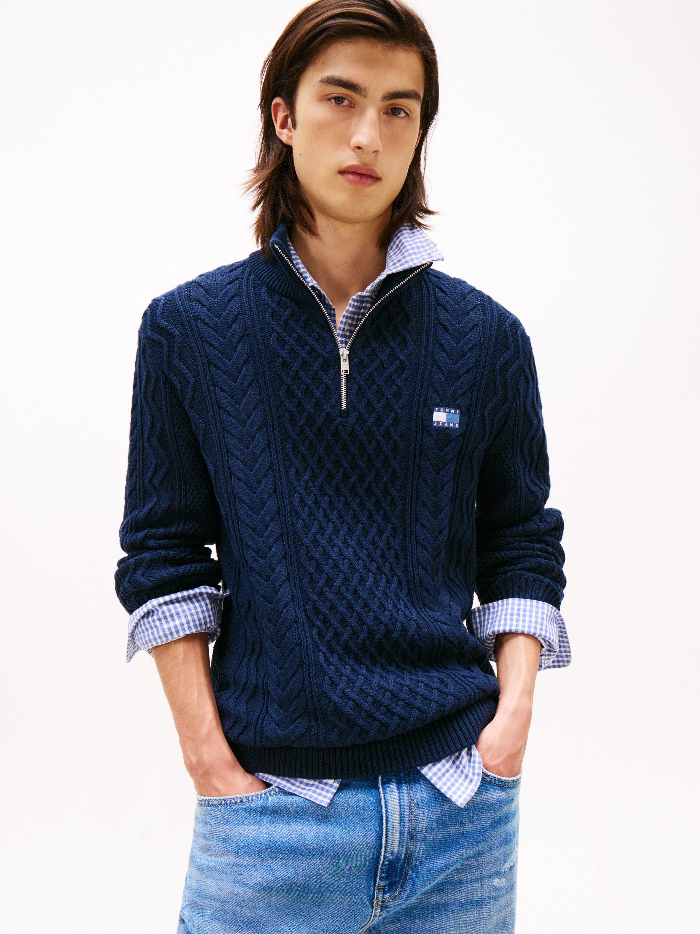 Tommy Jeans Вязаные свитера Troyer-Kragen mit Reißverschluss, slim fit, Zopfstrick-Muster