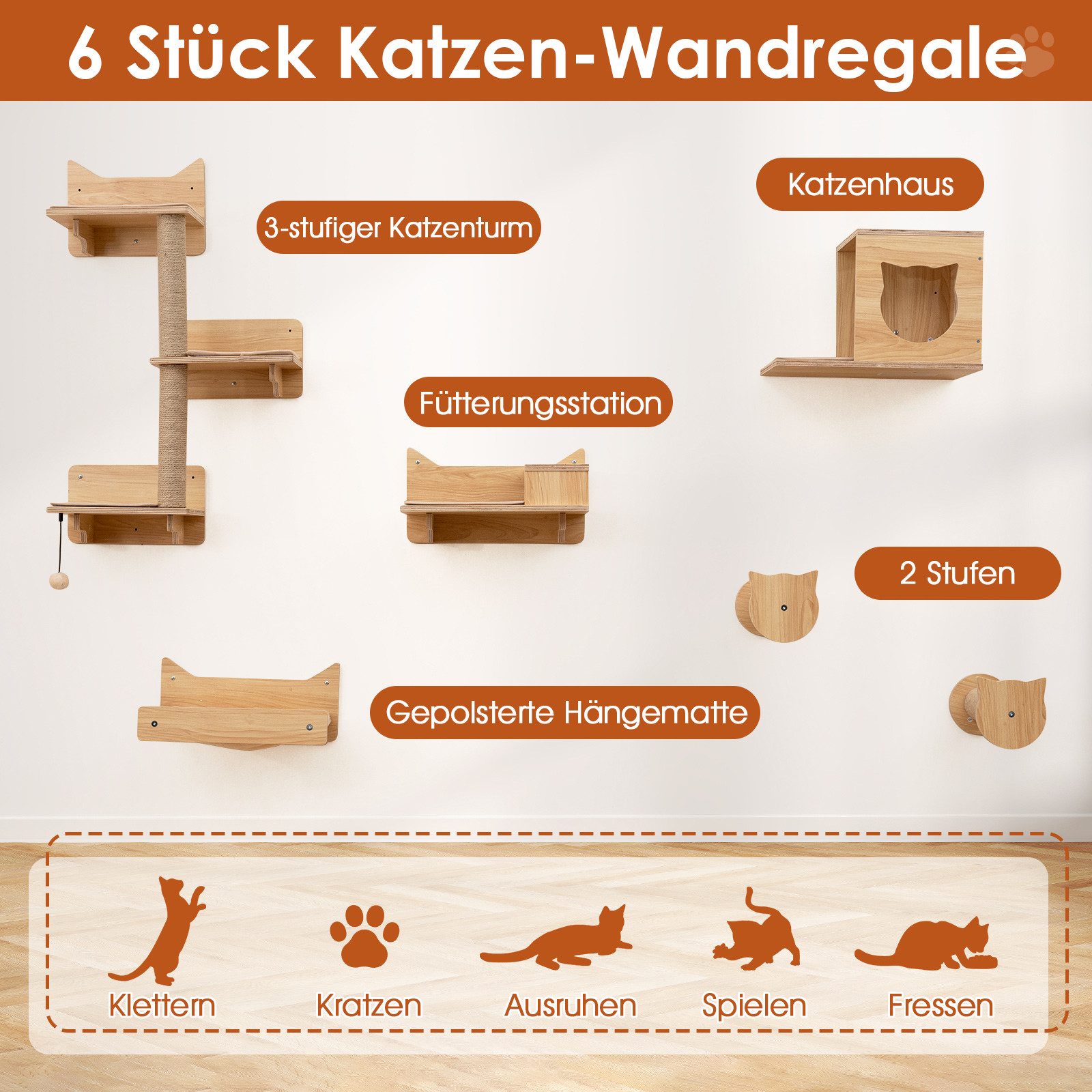 COSTWAY Kratzbaum, 6 tlg. Kletterwand, Katzenbaum, Katzenhaus, Hängematte