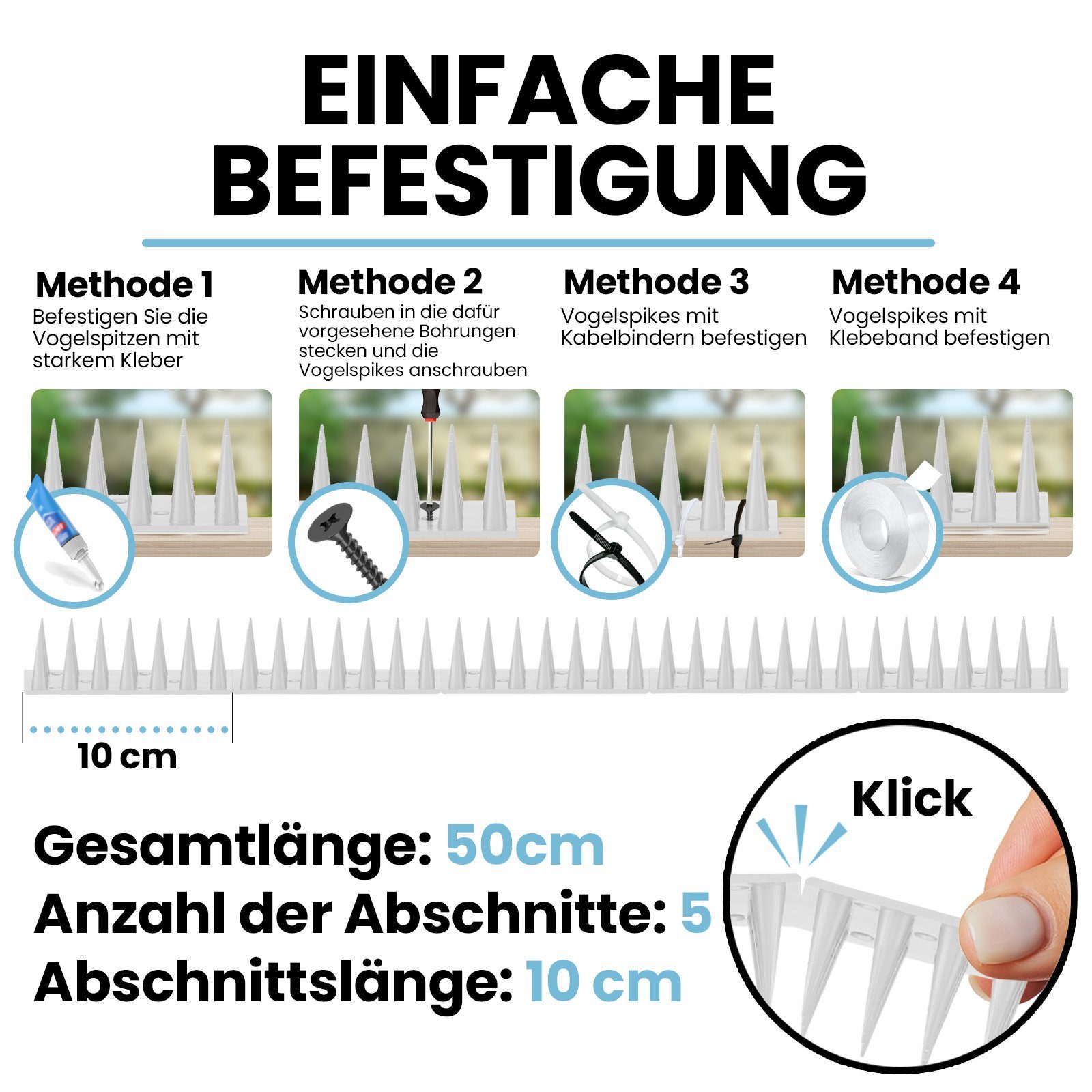 KONZEPT Taubenspikes Taubenabwehr Spikes Vogel, Katzen - für Balkon, Zaun - aus Kunststoff, 3-St., Gesamtlänge: 1,5 Meter, UV-beständig – Bild 5 von 5