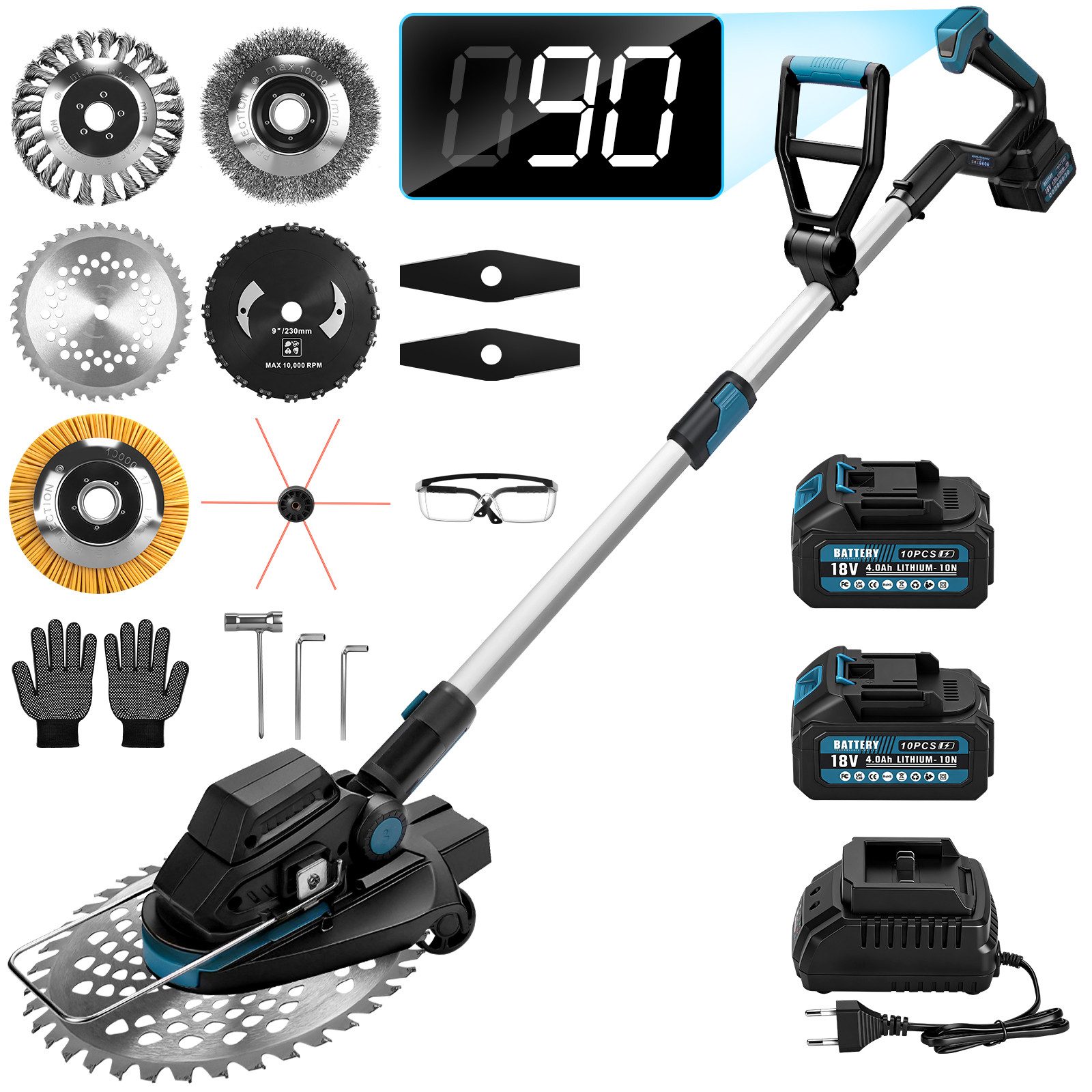 XIIW Akku-Freischneider 1200W Akku Rasentrimmer Motorsense mit 4 Bürsten & 4 Metall-Messer, (2×4,0 Ah Akku, Stützrad, 16800 U/min, Teleskop 100–140 cm), Rasenmäh-Werkzeuge für Höfe, Gärten und Kleinen
