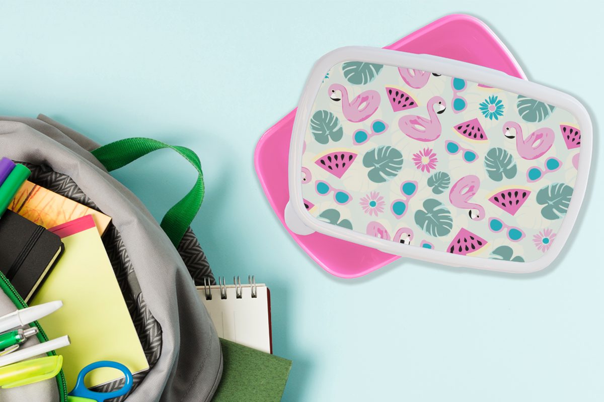 Lunchbox für Kunststoff - Sommer Muster - Brotdose Monstera, Mädchen, Erwachsene, - rosa Kinder, Brotbox Snackbox, (2-tlg), Kunststoff, Flamingo MuchoWow