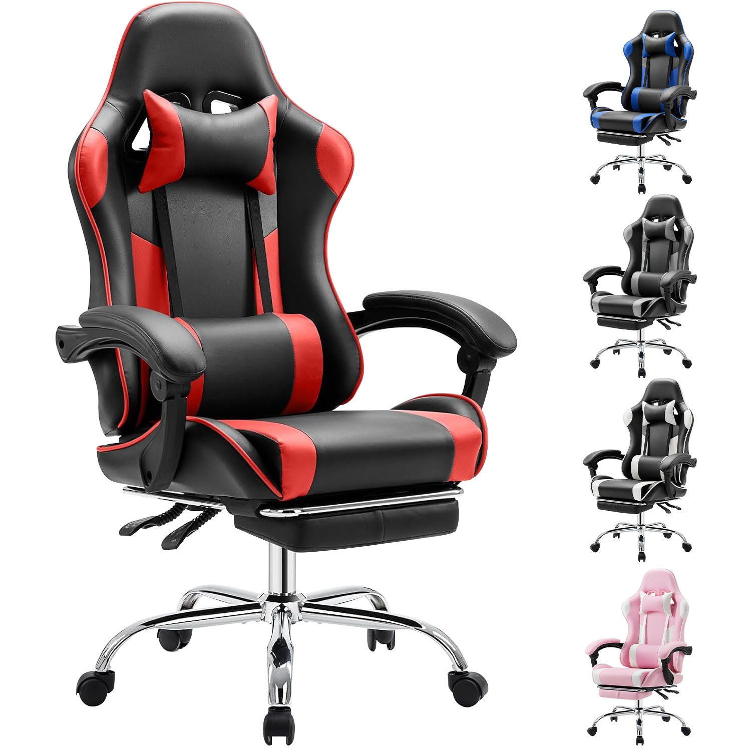 Refined Living Gaming-Stuhl Ergonomie Gaming chair mit Fußstütze, Kopfstütze Massage-Lendenkissen (Verstellbare Neigung auf der Rückseite Höhenverstellbar Computerstuhl), Gepolstert Bürostuhl  Drehstuhl 360° für Erwachsene Mädchen Junge